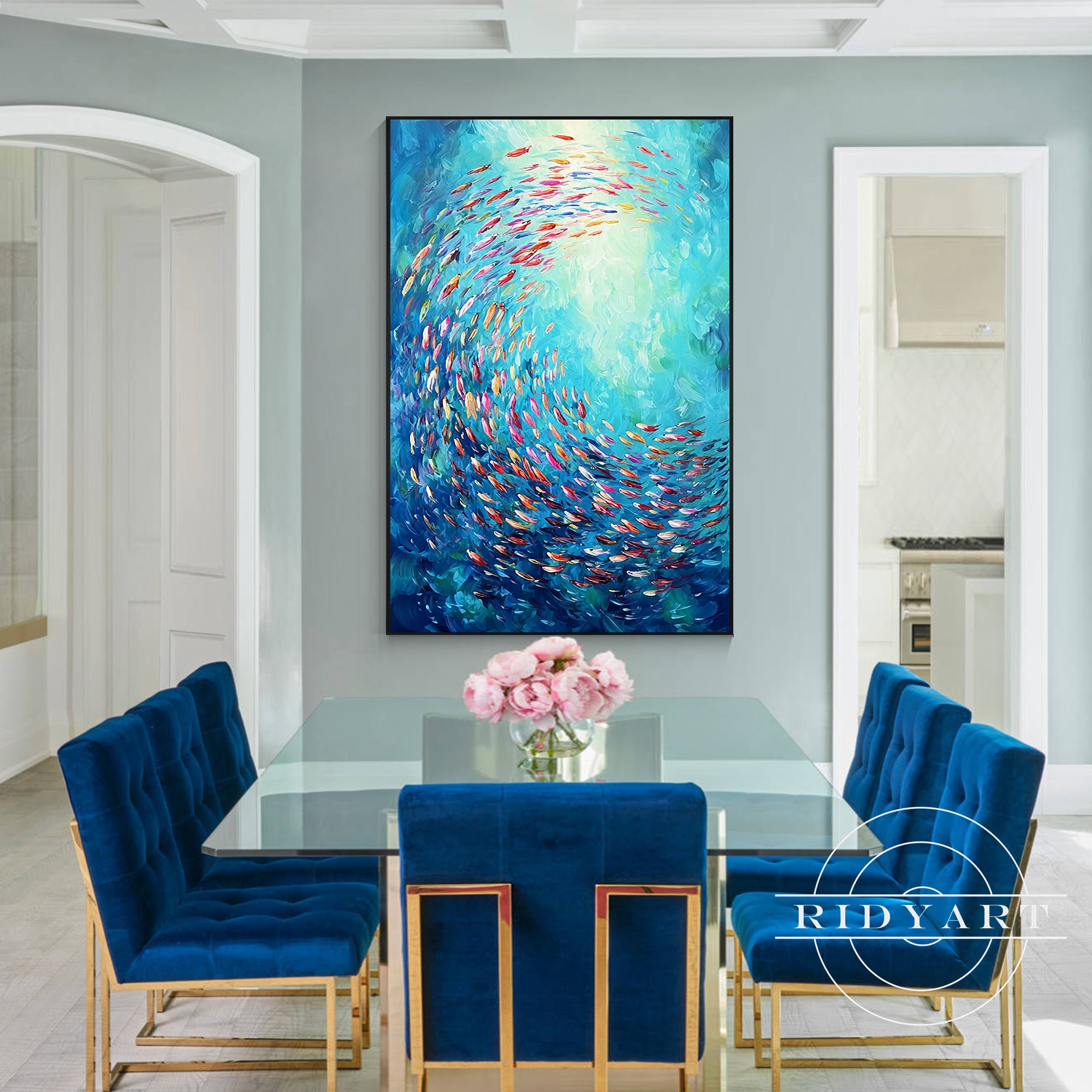 Vertical school of fish painting with vivid blue tones