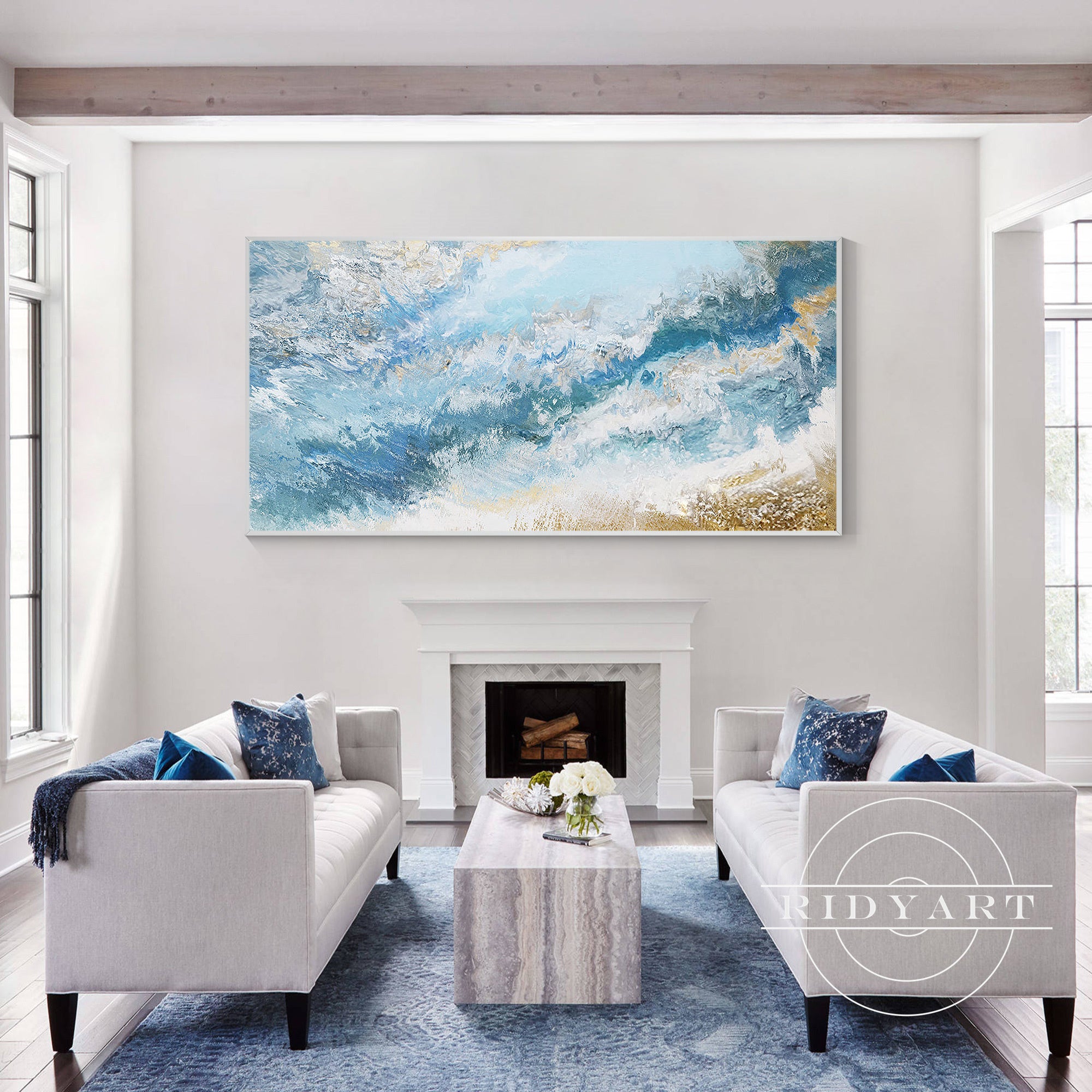 Vertical abstract sea painting with shimmering gold accents