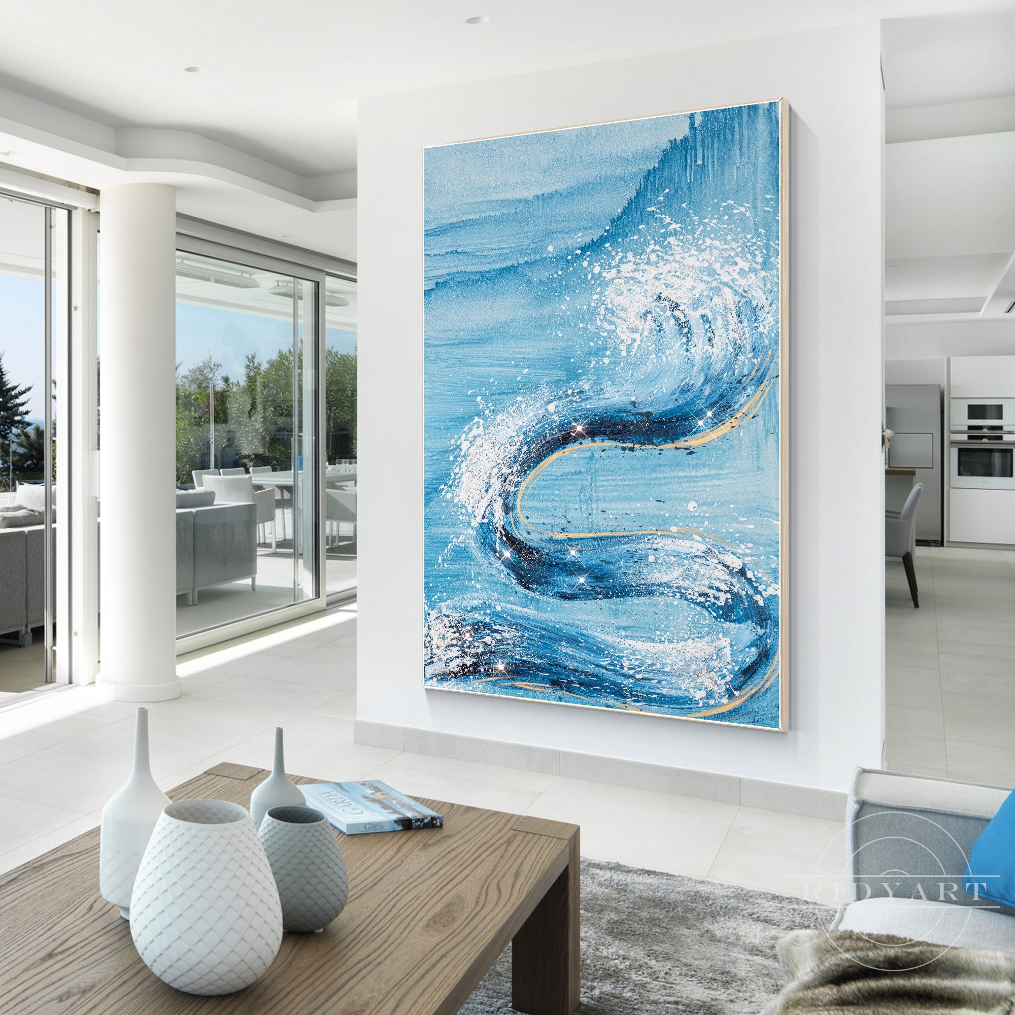 Sky blue and white abstract ocean waves textured wall art.