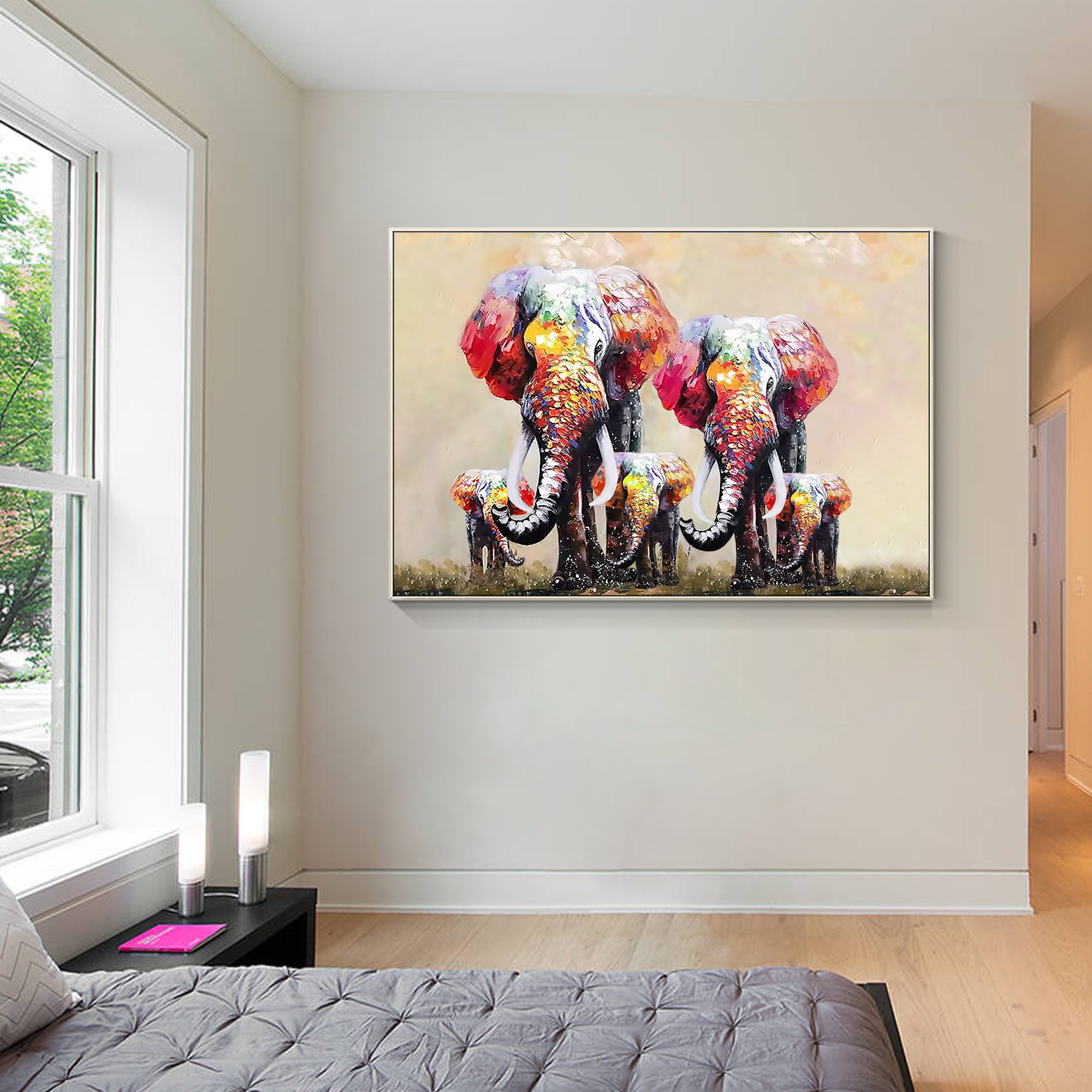 Vibrant elephant family artwork adding charm to home interiors.