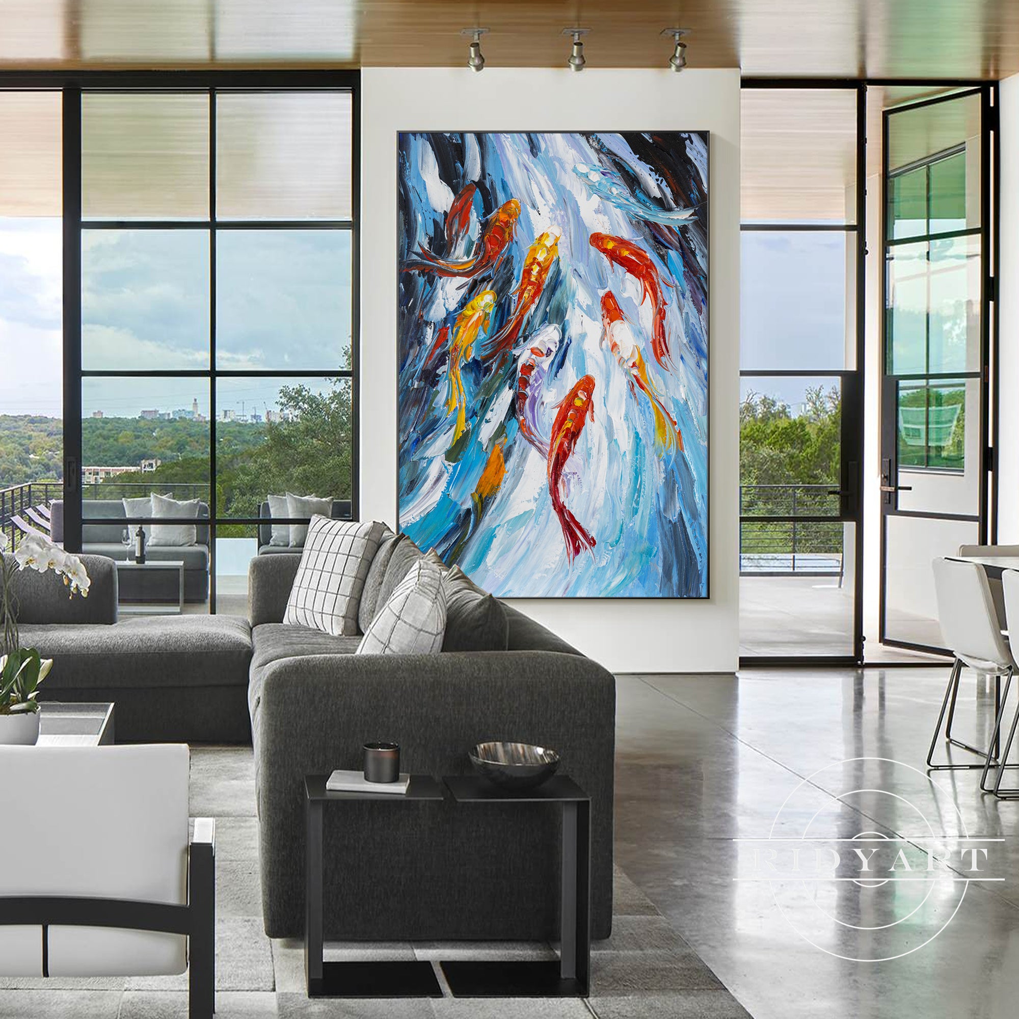 Hand-painted koi fish artwork with bold texture