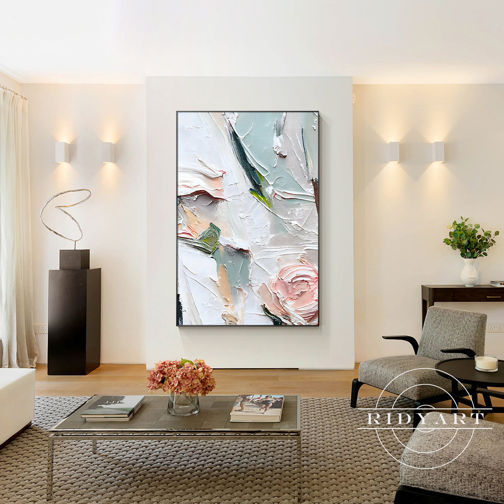 Large abstract pink rose canvas art for hallway or living room.