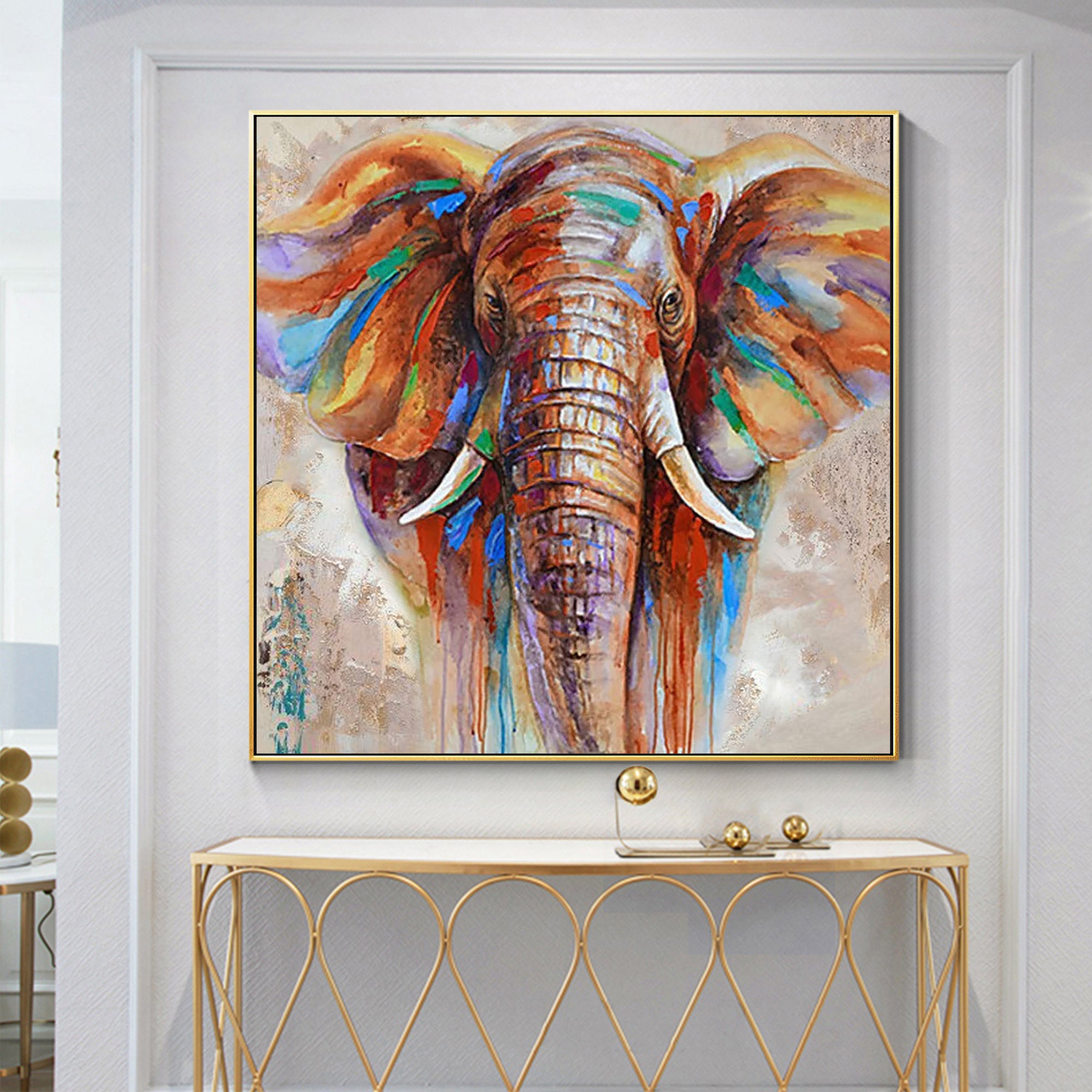Unique colorful elephant art piece showcasing a walking pose and rich texture.