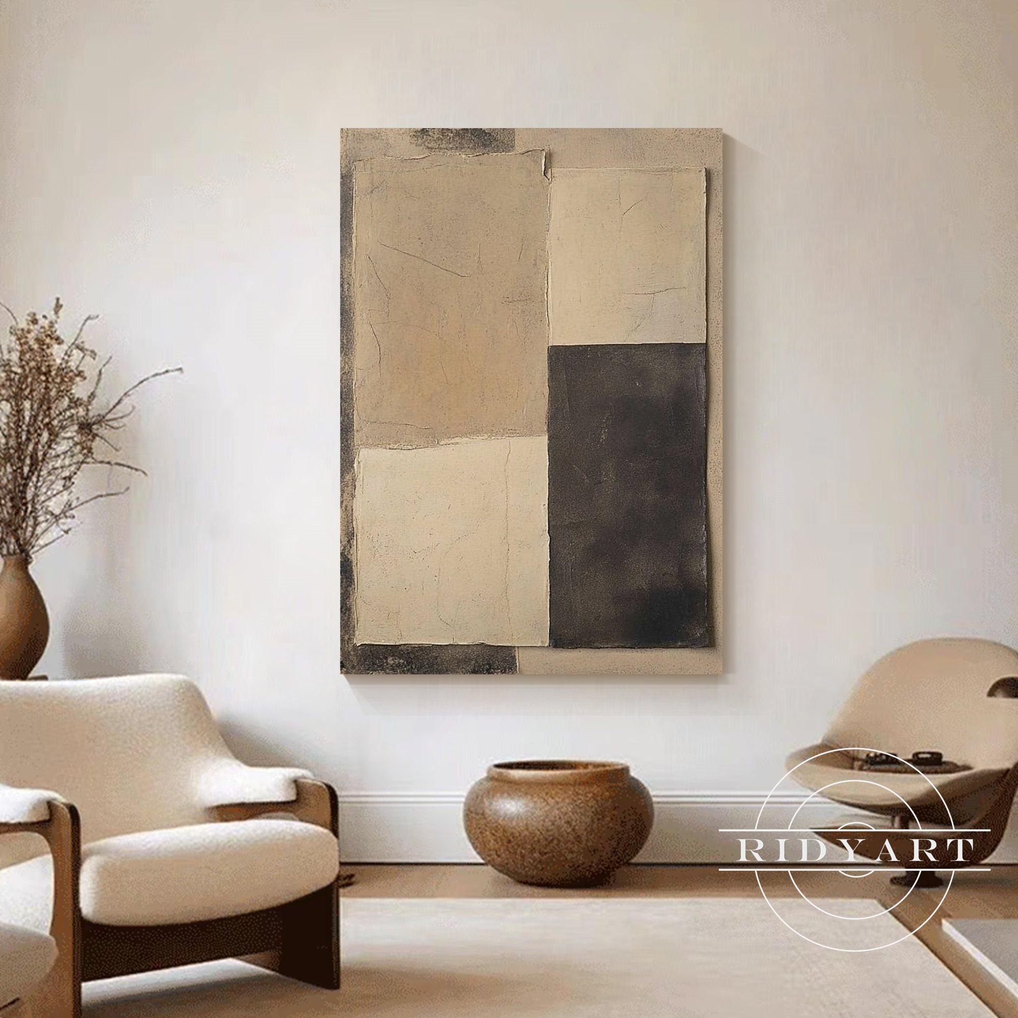 Textured beige and black wall painting with organic style