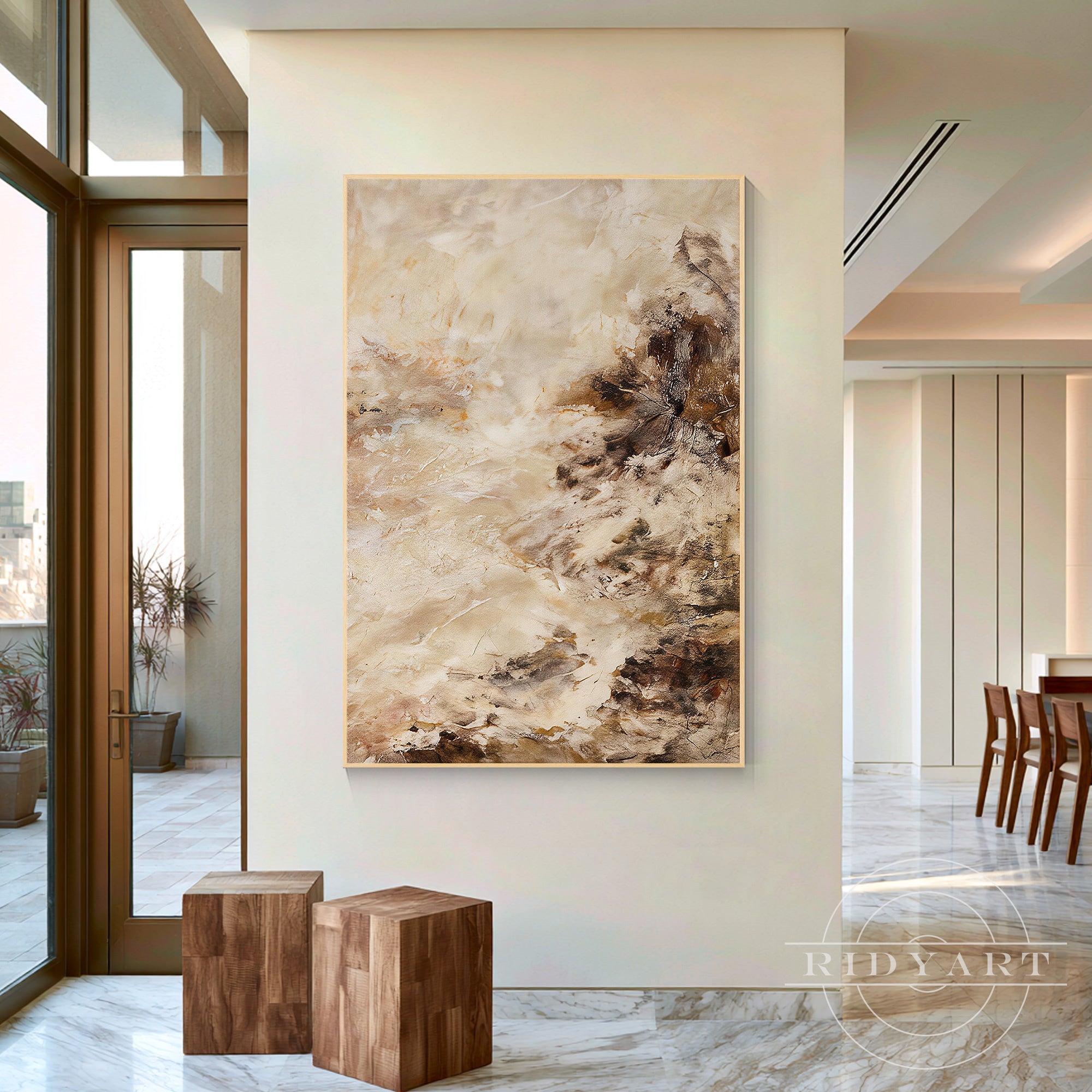 Wabi-sabi inspired neutral abstract artwork centerpiece featuring soothing earthy colors and 3D relief texture.
