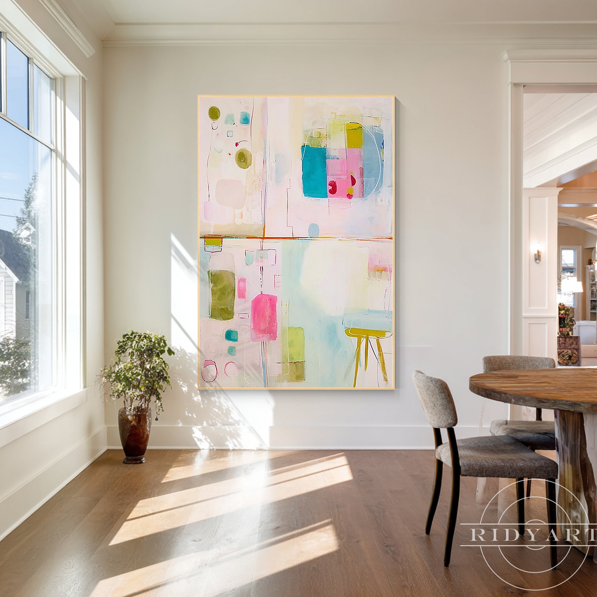 Large abstract painting in blush pink turquoise and sage green tones for modern interiors.