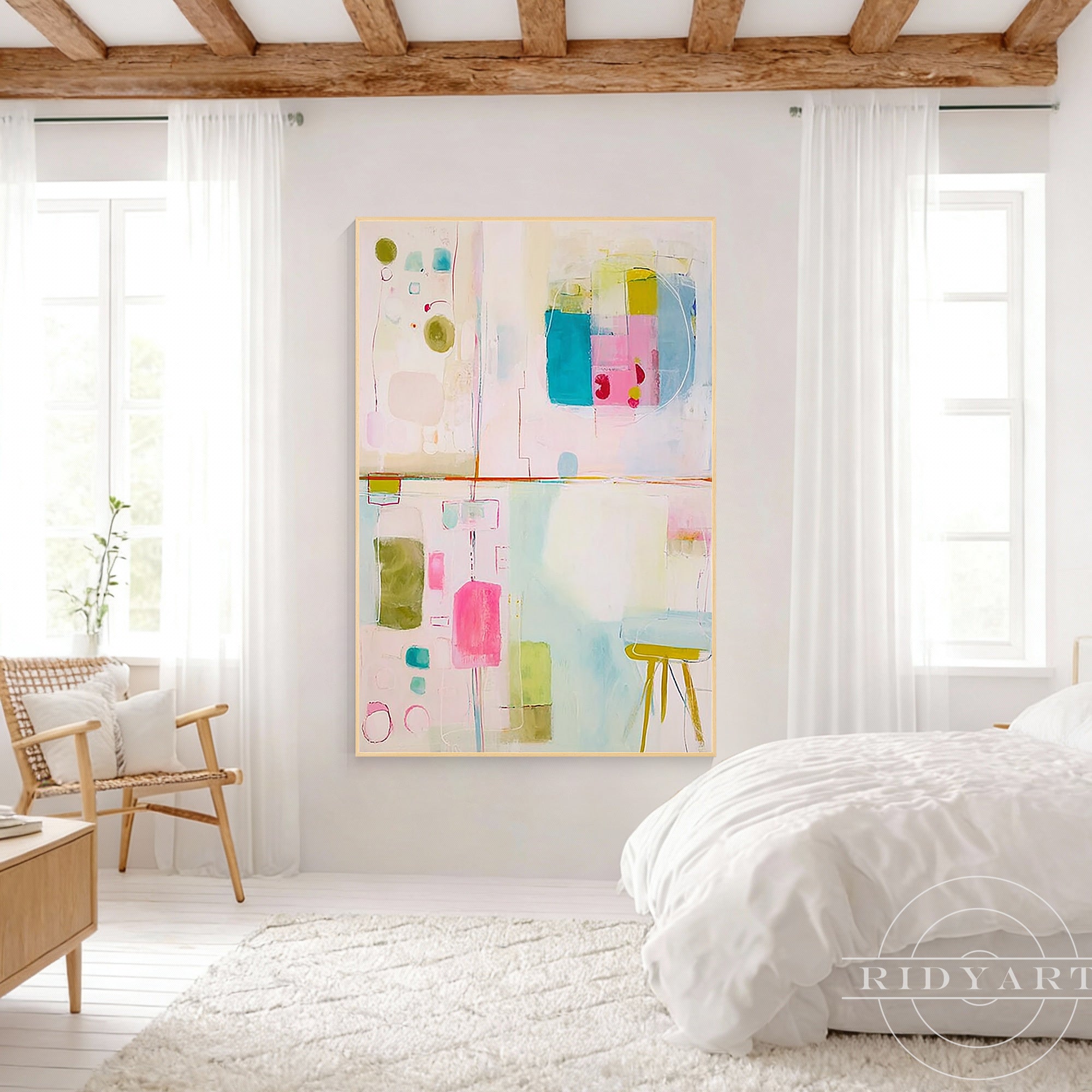 Contemporary pastel canvas artwork with minimalist design and elegant wood frame.