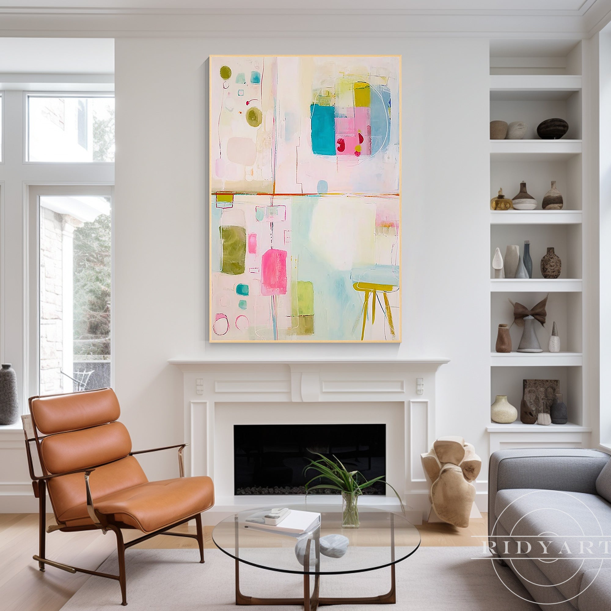 Framed geometric abstract canvas wall decor with soft neutral and pastel palette