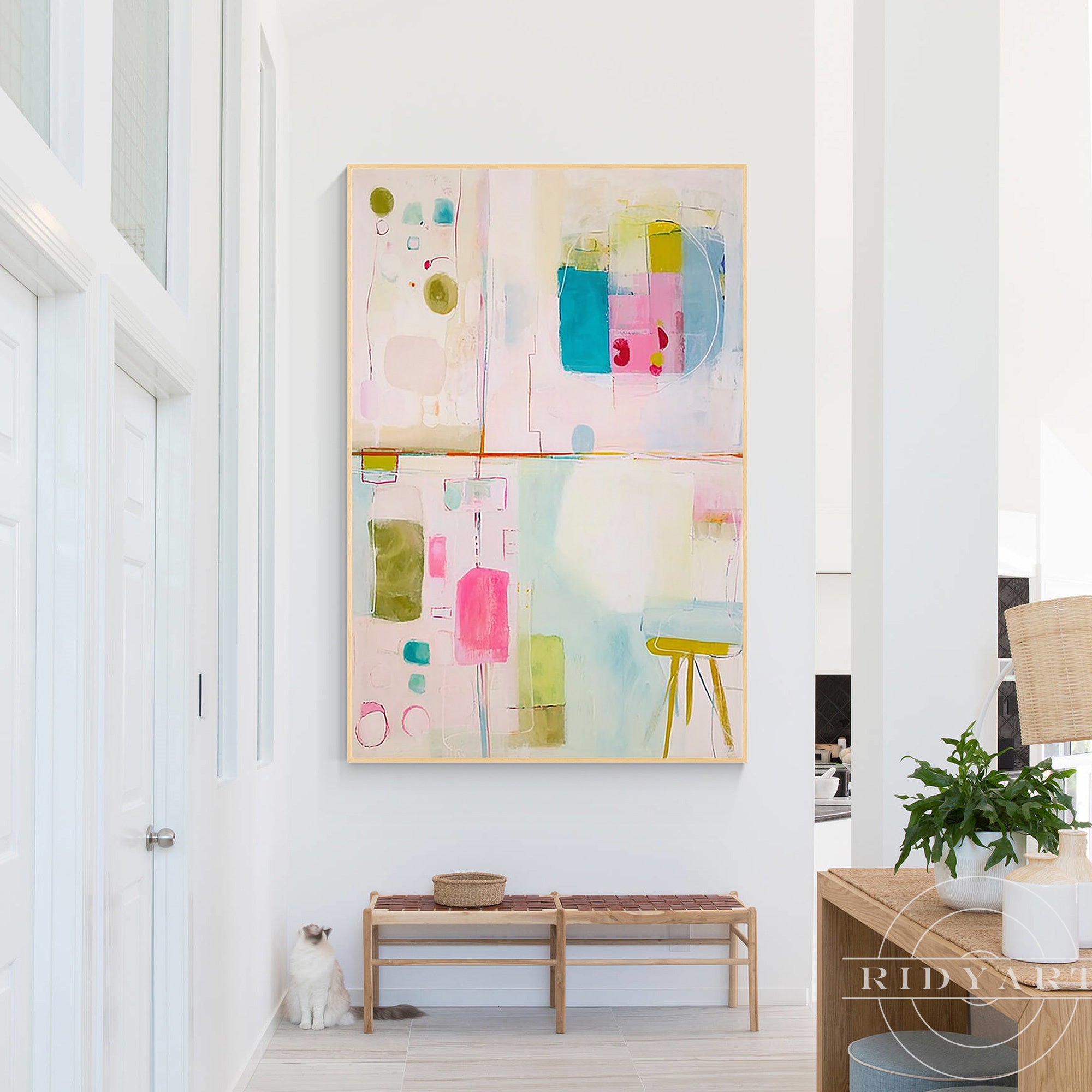 Large abstract painting in blush pink turquoise and sage green tones for modern interiors.