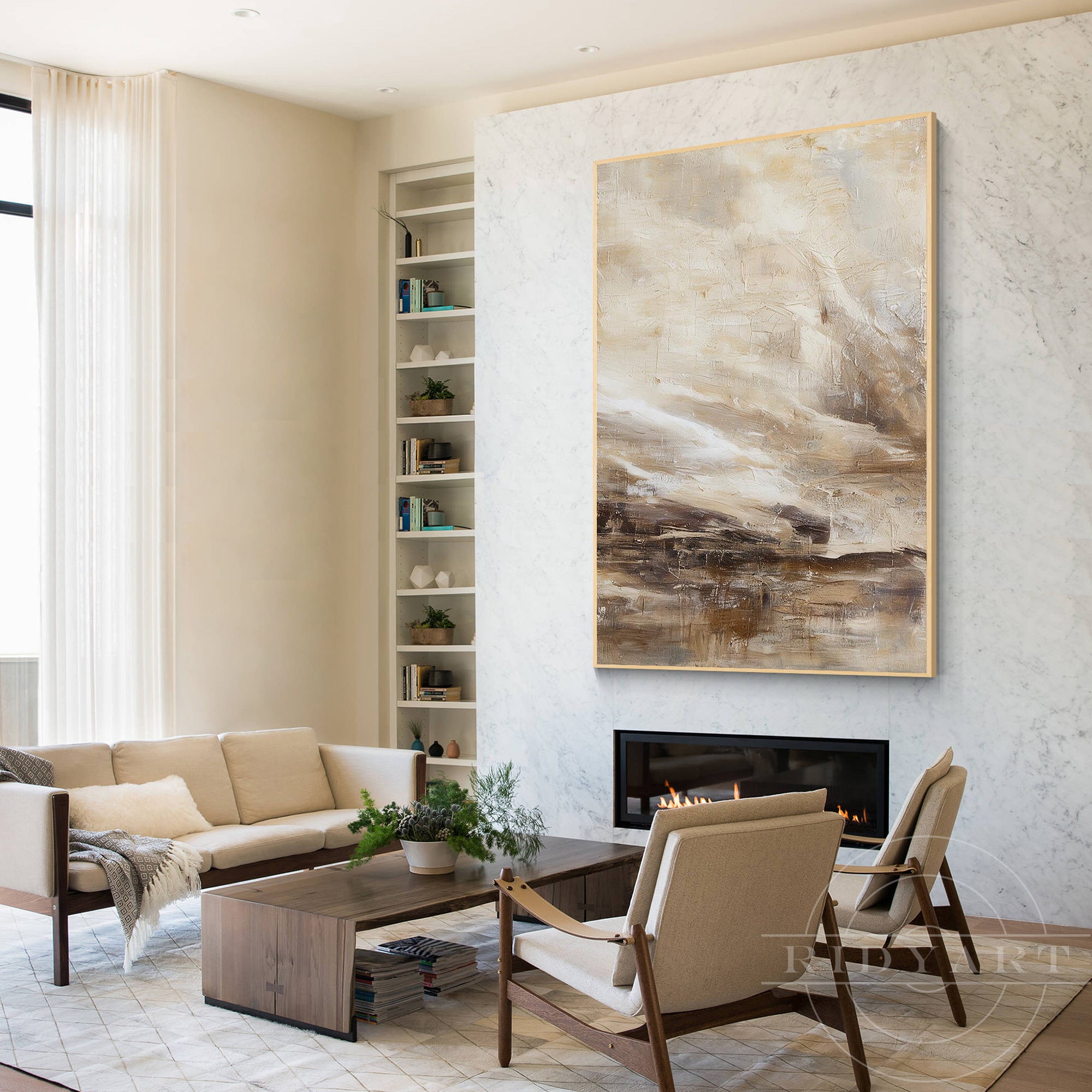 Close up view of hand-painted abstract canvas with layered impasto texture in rich coffee brown, cream white, and sand beige tones