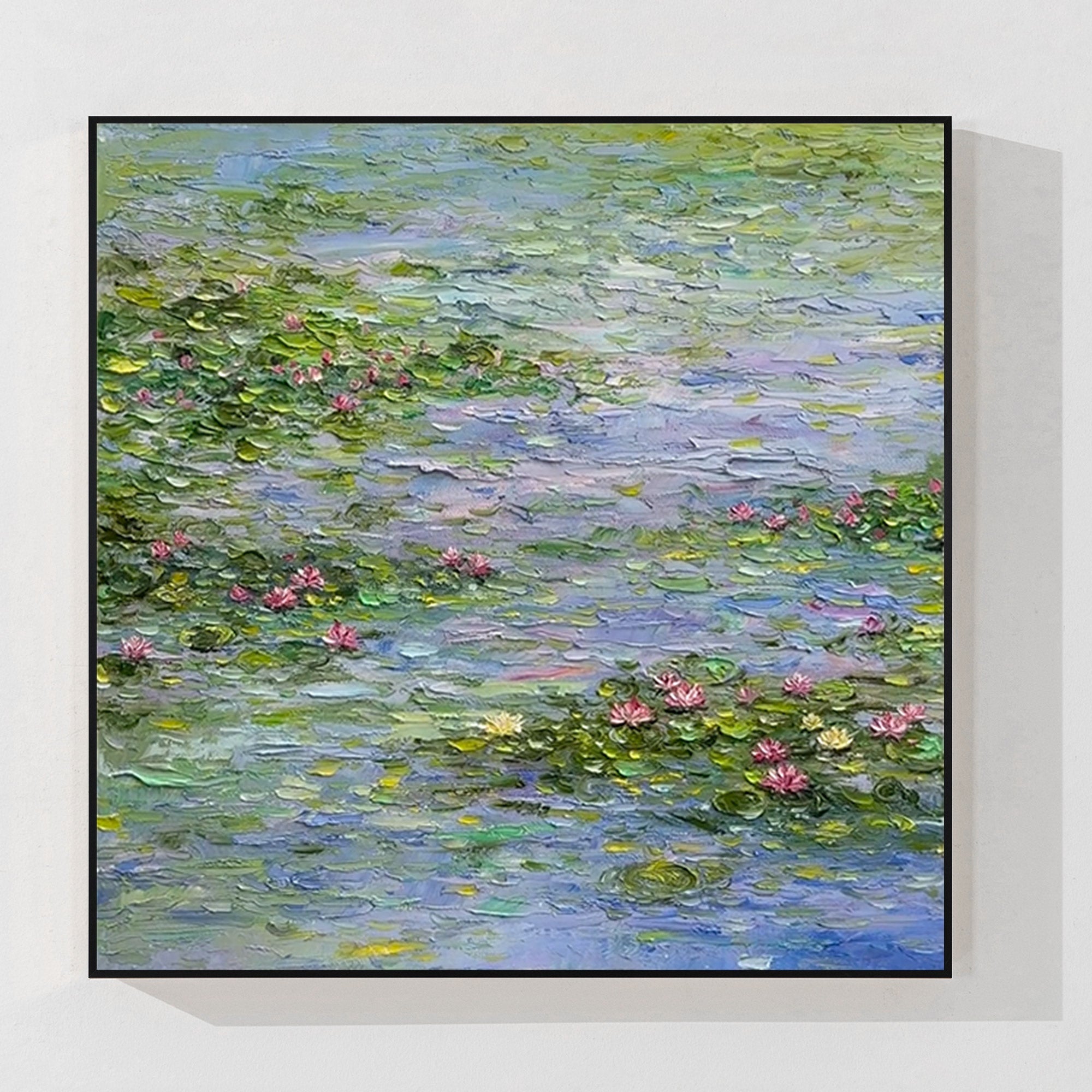 Hand-painted Monet style water lilies pond artwork with rich green and blue impasto strokes
