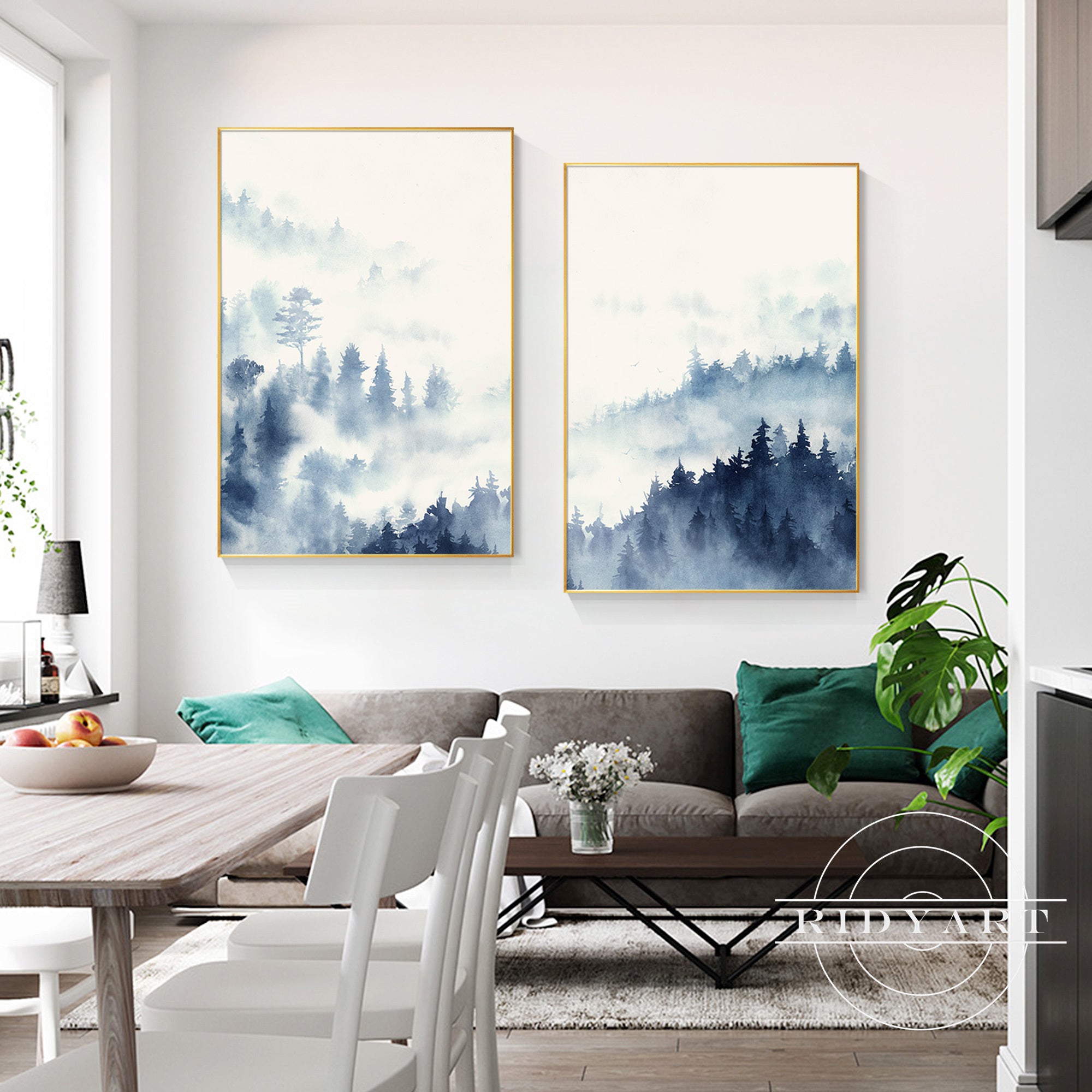 Navy blue misty forest wall art for contemporary living rooms.