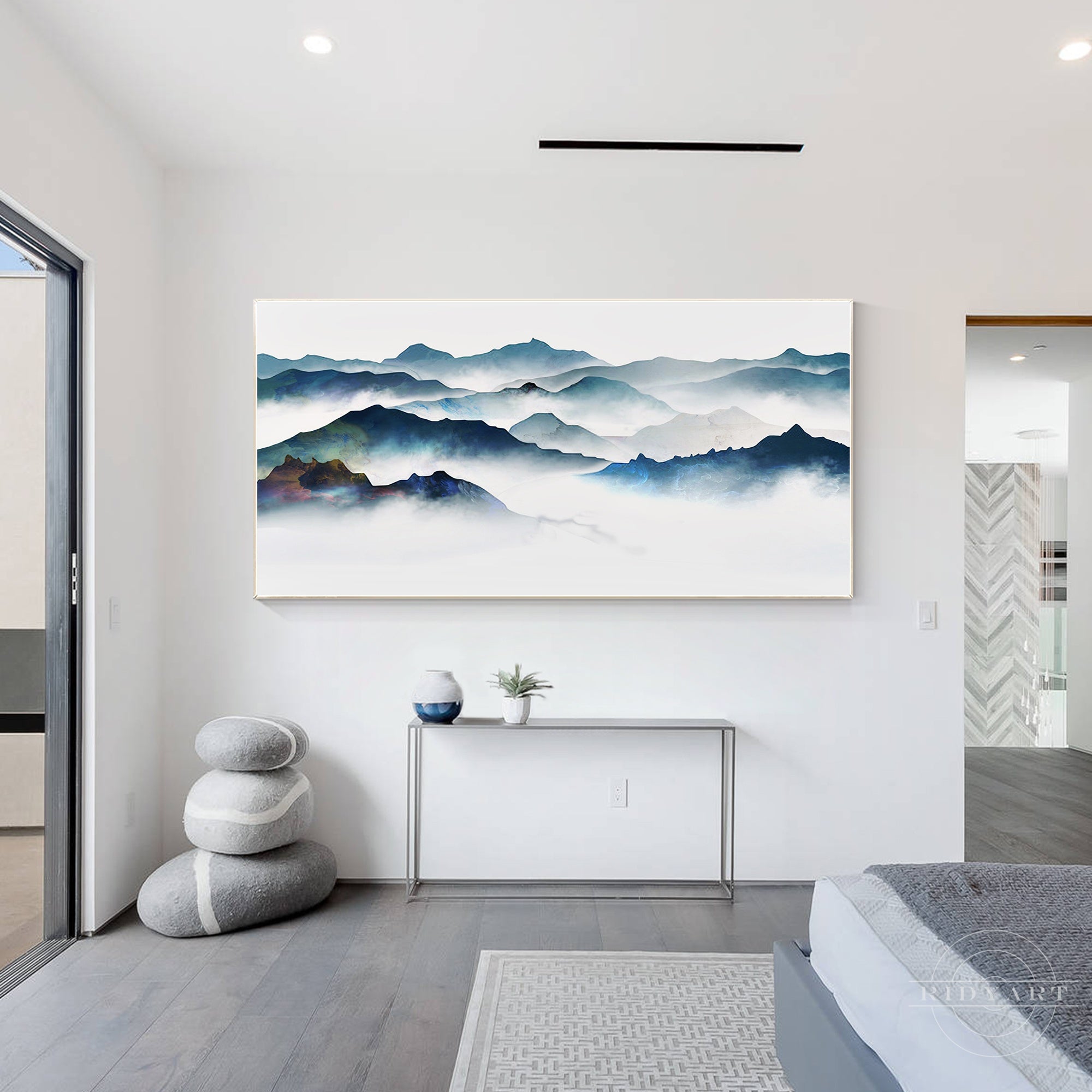 Watercolor foggy mountain landscape painting on canvas.