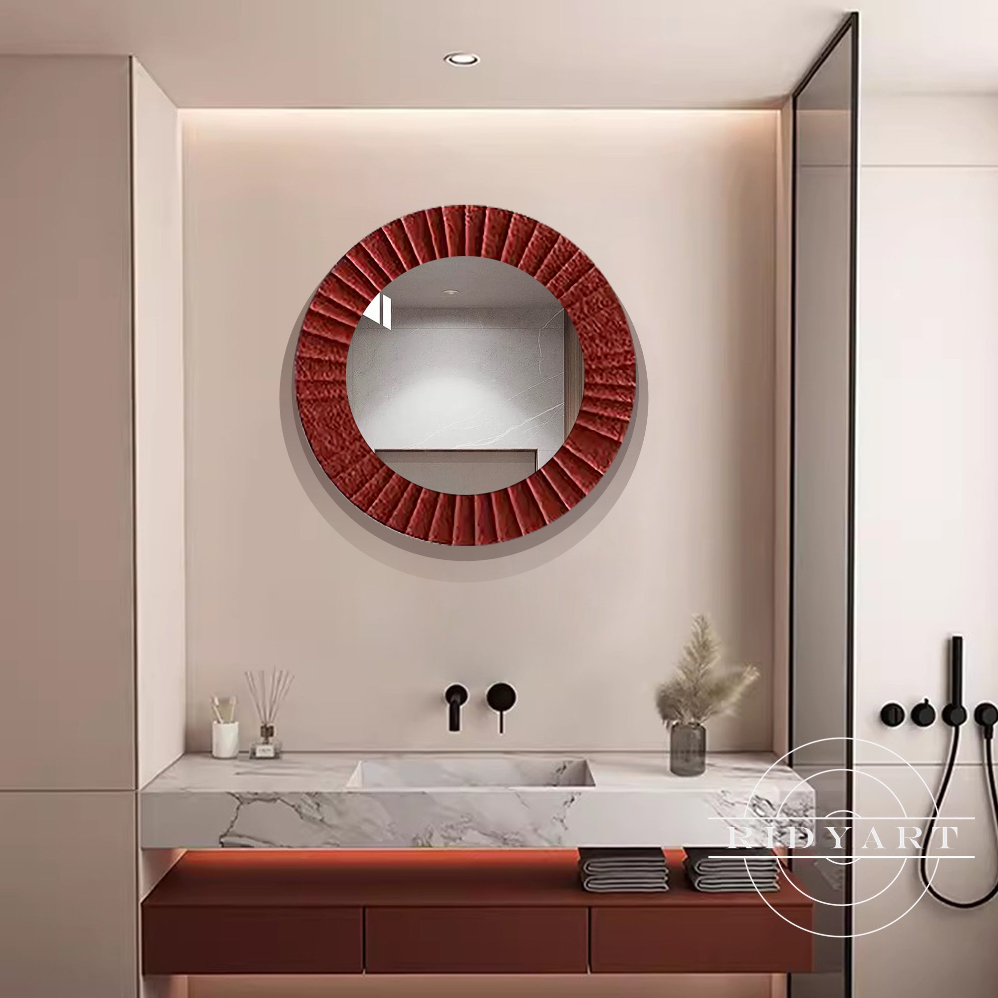 Decorative wood-framed mirror for bathroom or living room