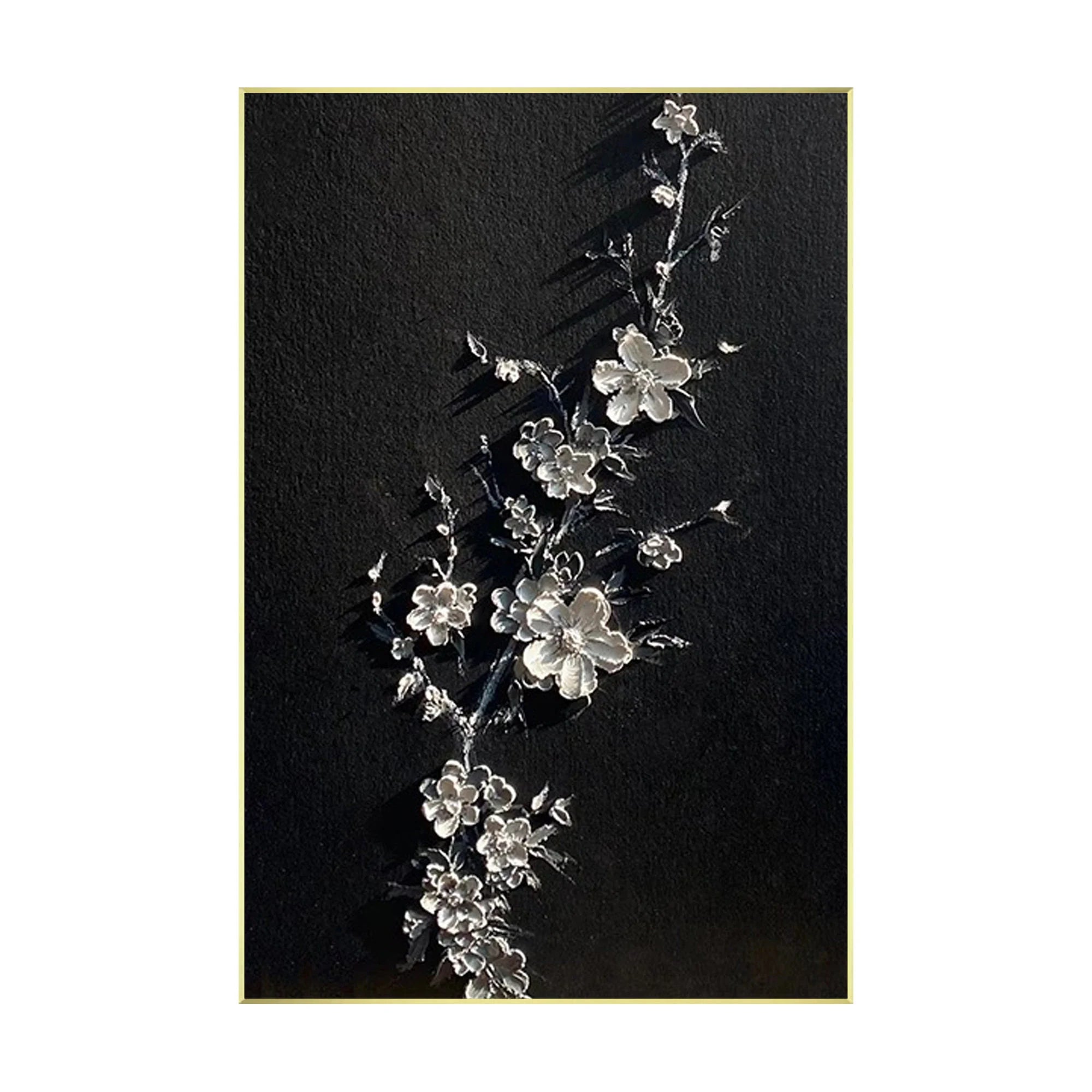 White cherry blossom painting on black abstract background