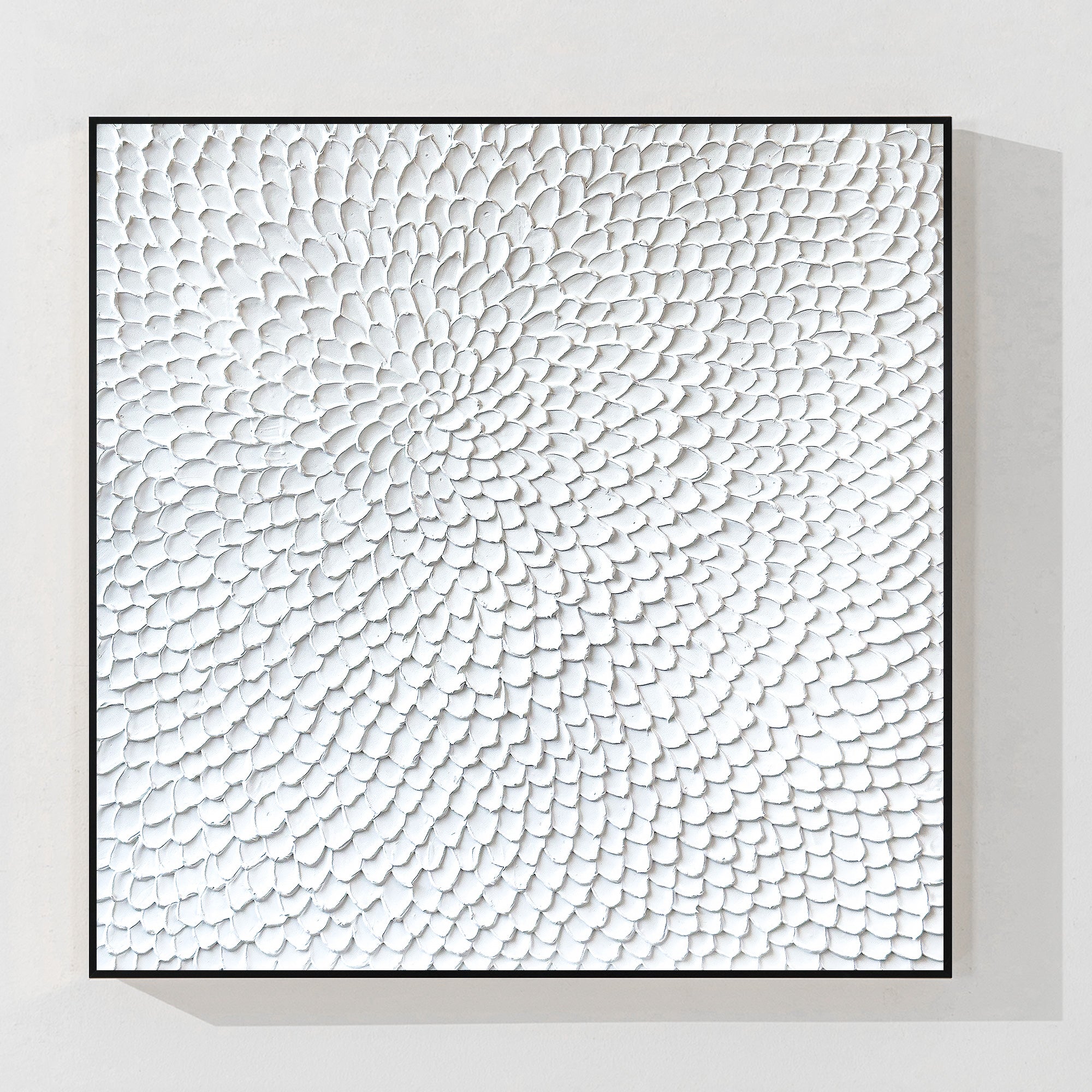 White abstract flower circle wall art with 3D texture