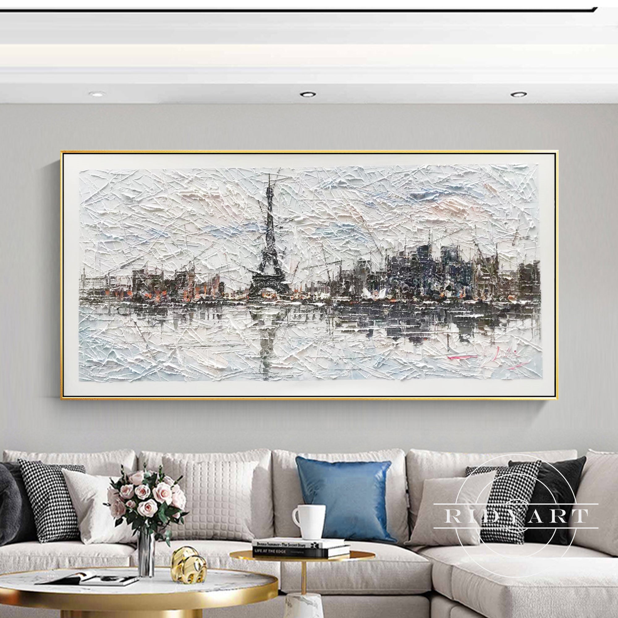 White and gray cityscape canvas painting