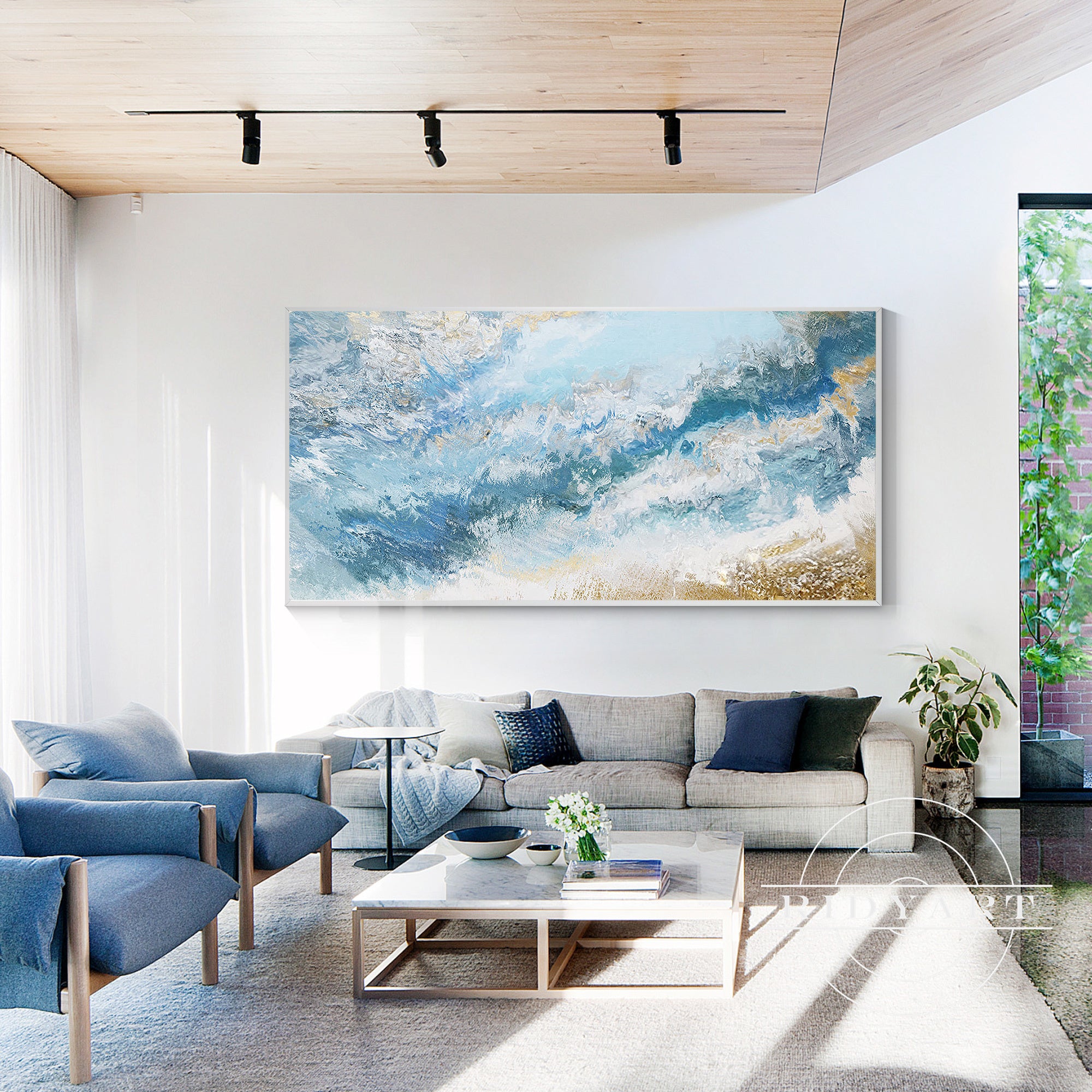 Original ocean wave painting on canvas, horizontal layout