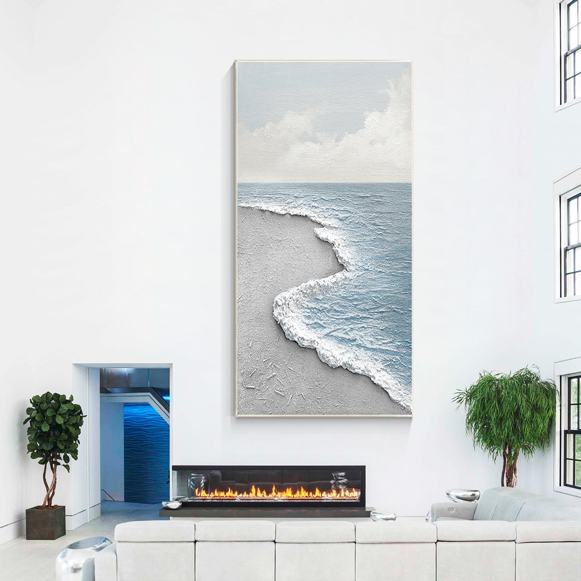 Large framed beach painting in soft ocean tones