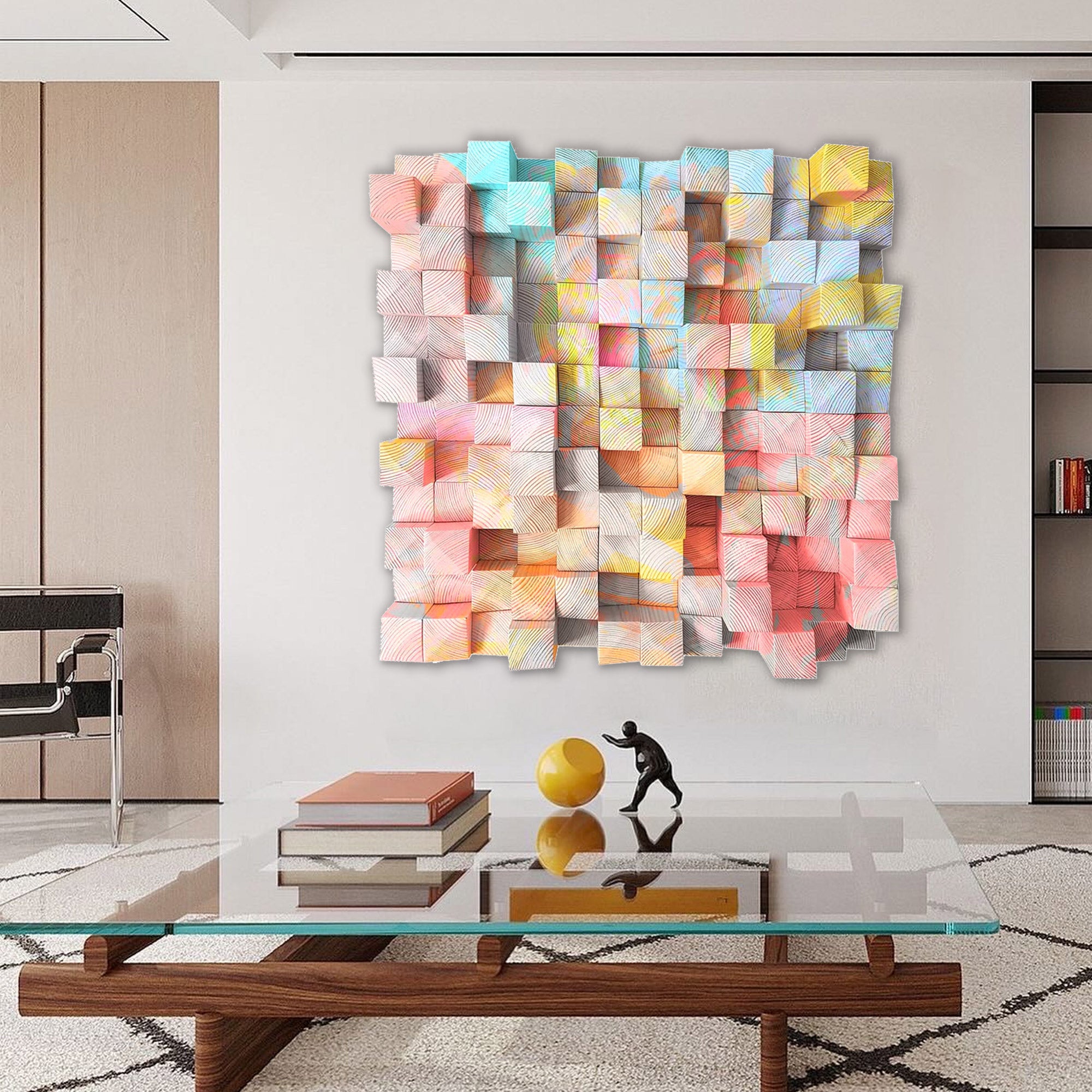 modern wood mosaic wall art colorful geometric panel