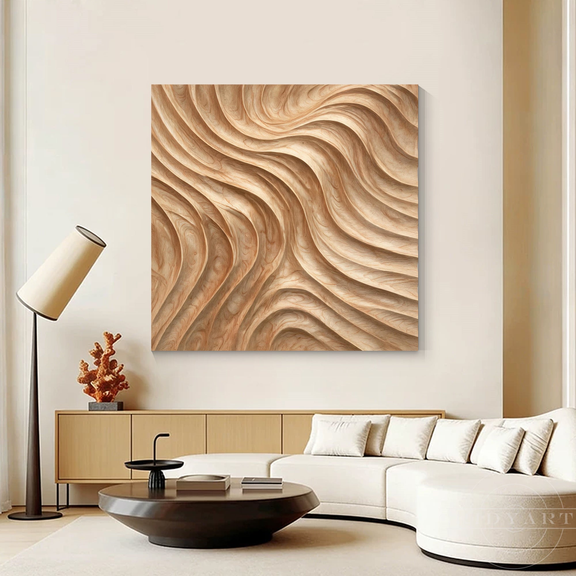 Square wave wood wall art mounted above a modern curved sectional sofa in a luxury living room