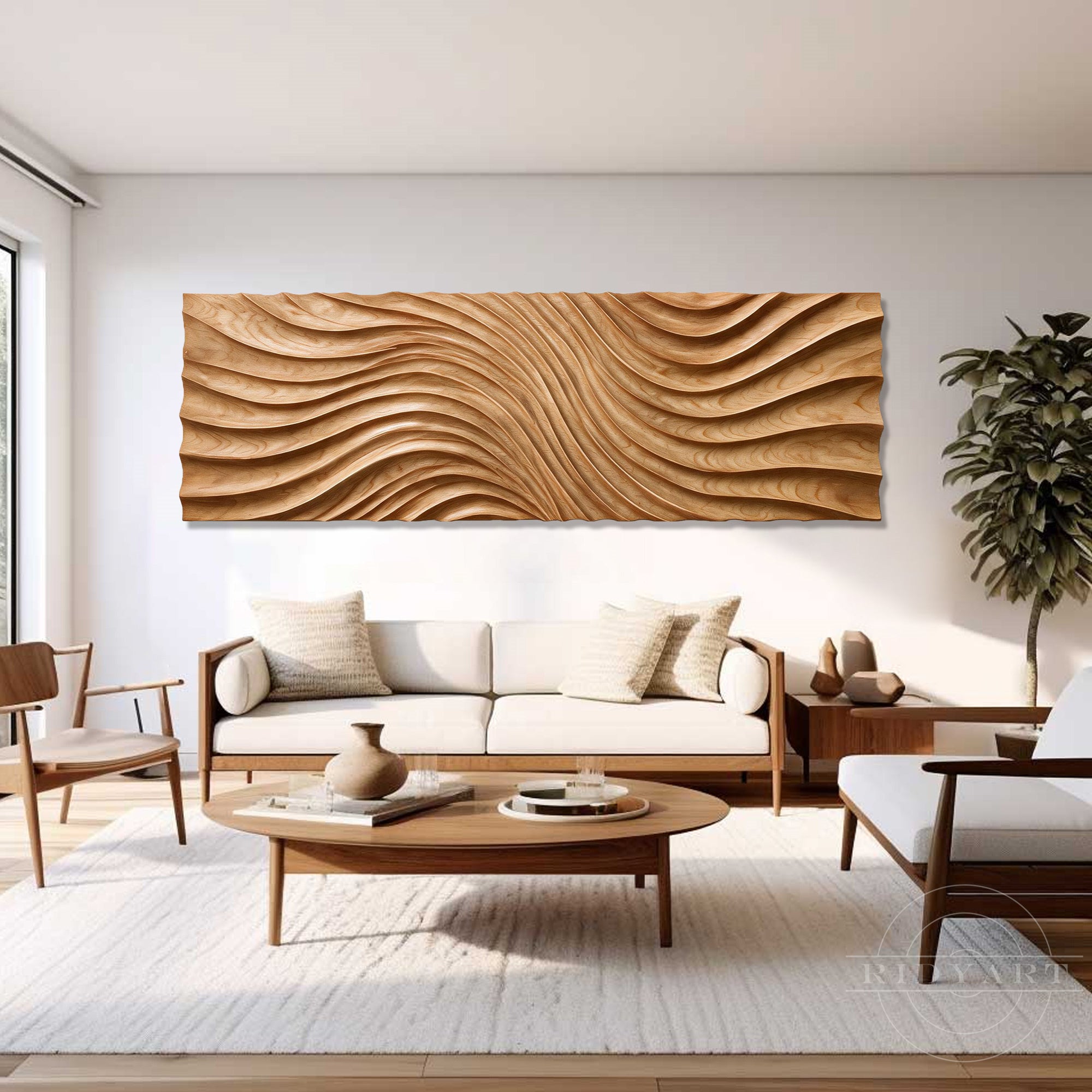 Large horizontal wood wall sculpture art hanging above a cream sofa in a bright modern Japandi living room.