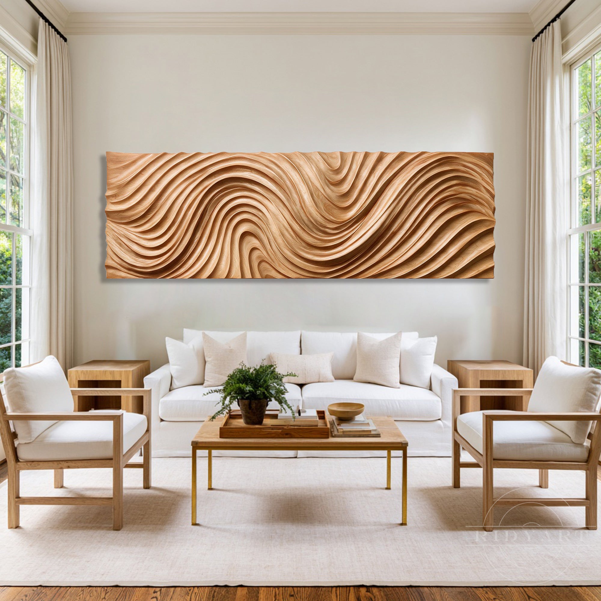 Large horizontal abstract topography wood wall art mounted above a white sofa flanked by wooden armchairs in a bright Japandi style living room.