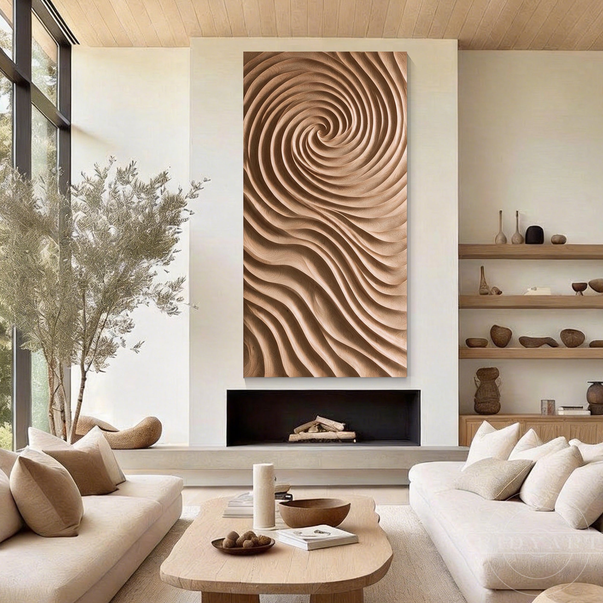 Large 3D spiral and wave wood wall art hanging above a modern fireplace in a bright beige living room
