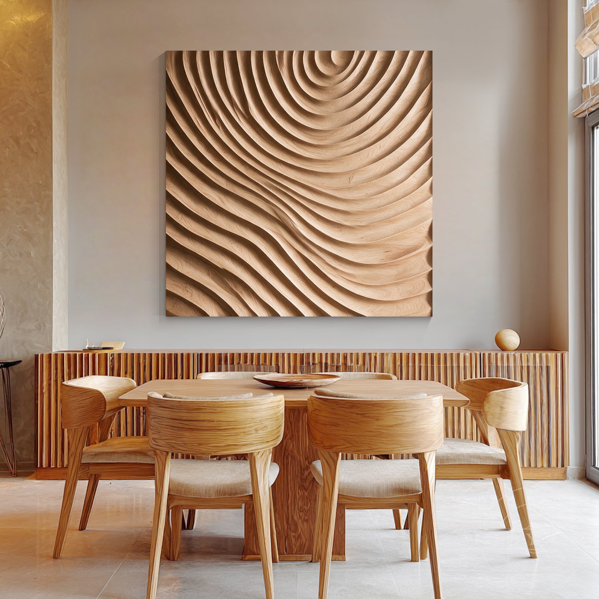 Large square wood wall art displayed on a minimalist dining room wall above a wooden table