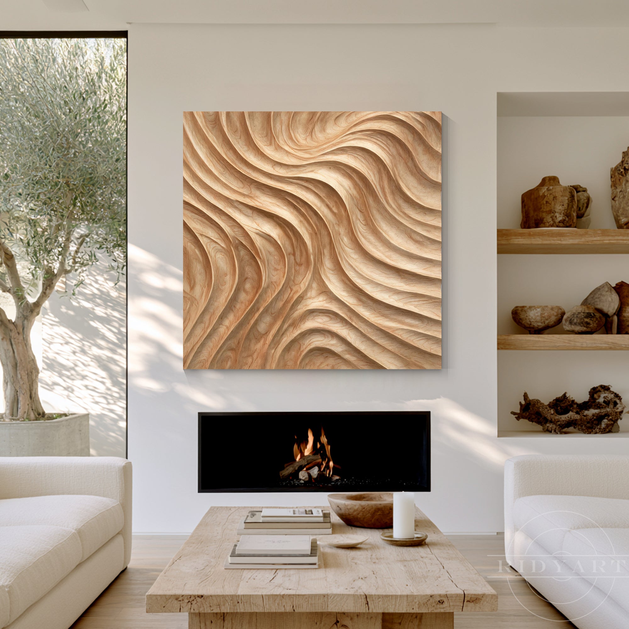 Modern minimalist fireplace feature wall displaying a square wave wood wall art sculpture