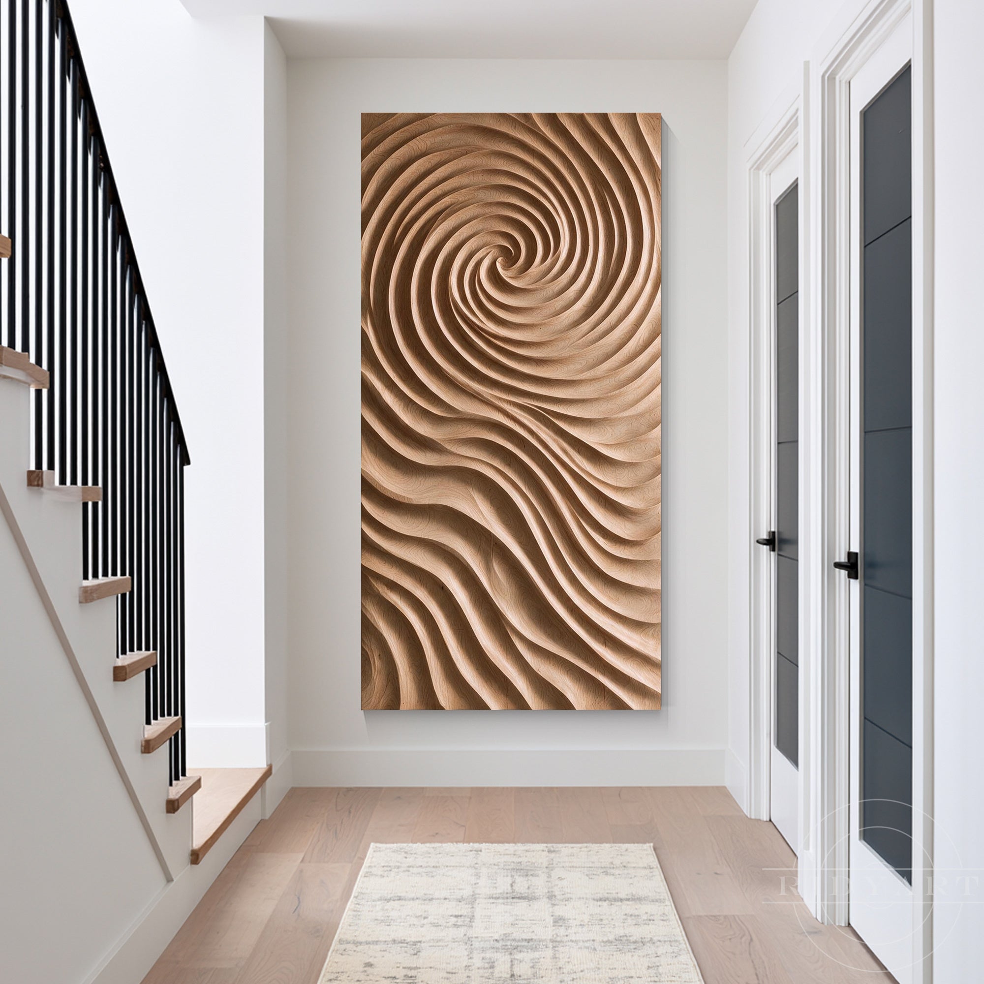 Statement 3D wood wall art featured in a modern white entryway next to a staircase