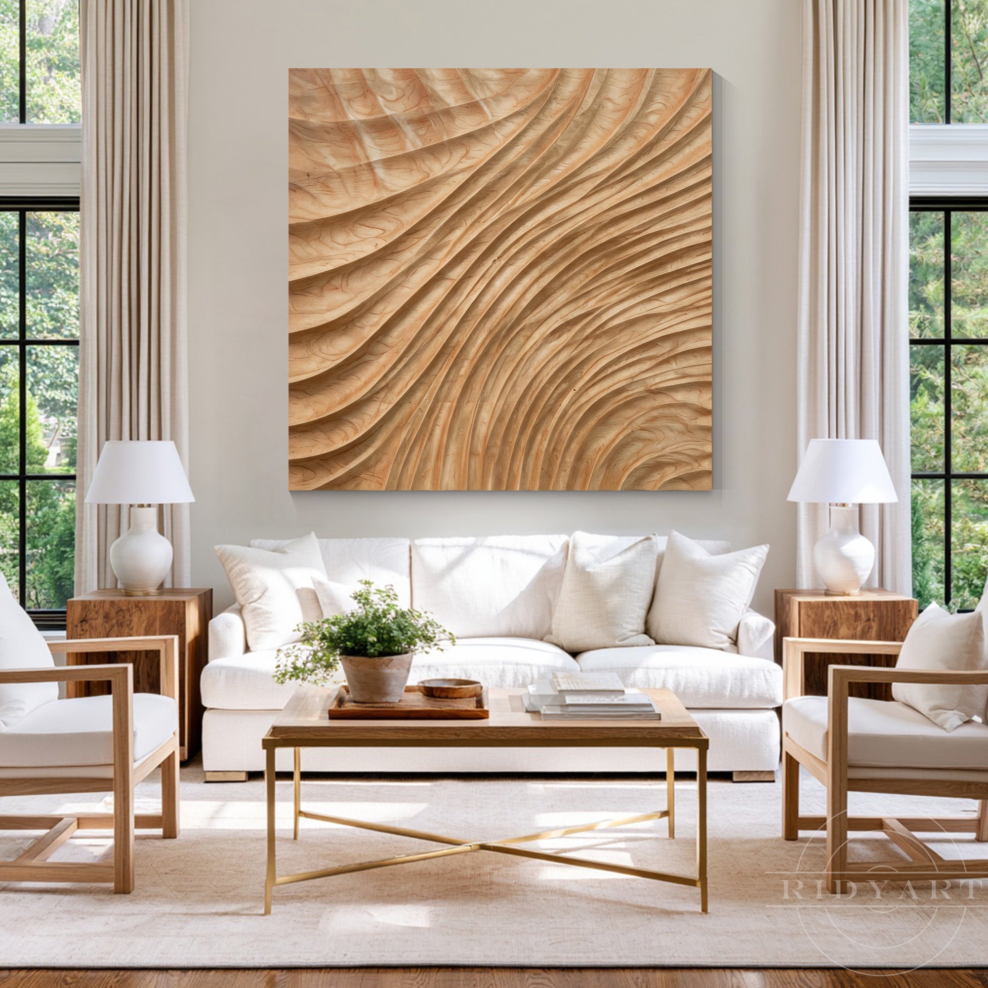 Modern wood wall artwork above a cream couch in a bright minimalist living room