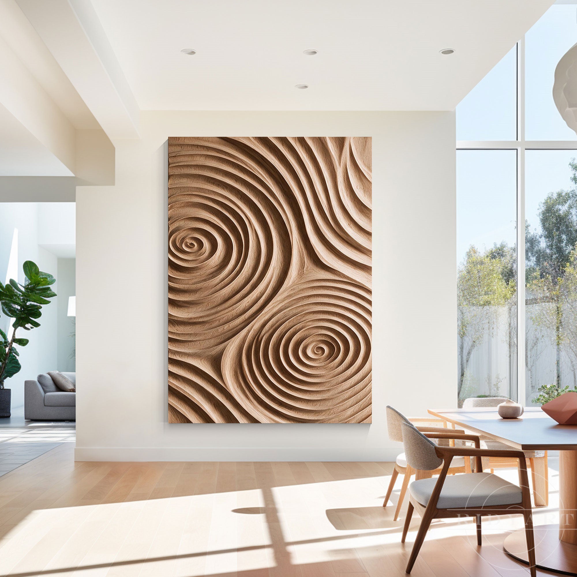 Sunlit dining room showcasing a large 3D spiral wood art piece on a white focal wall