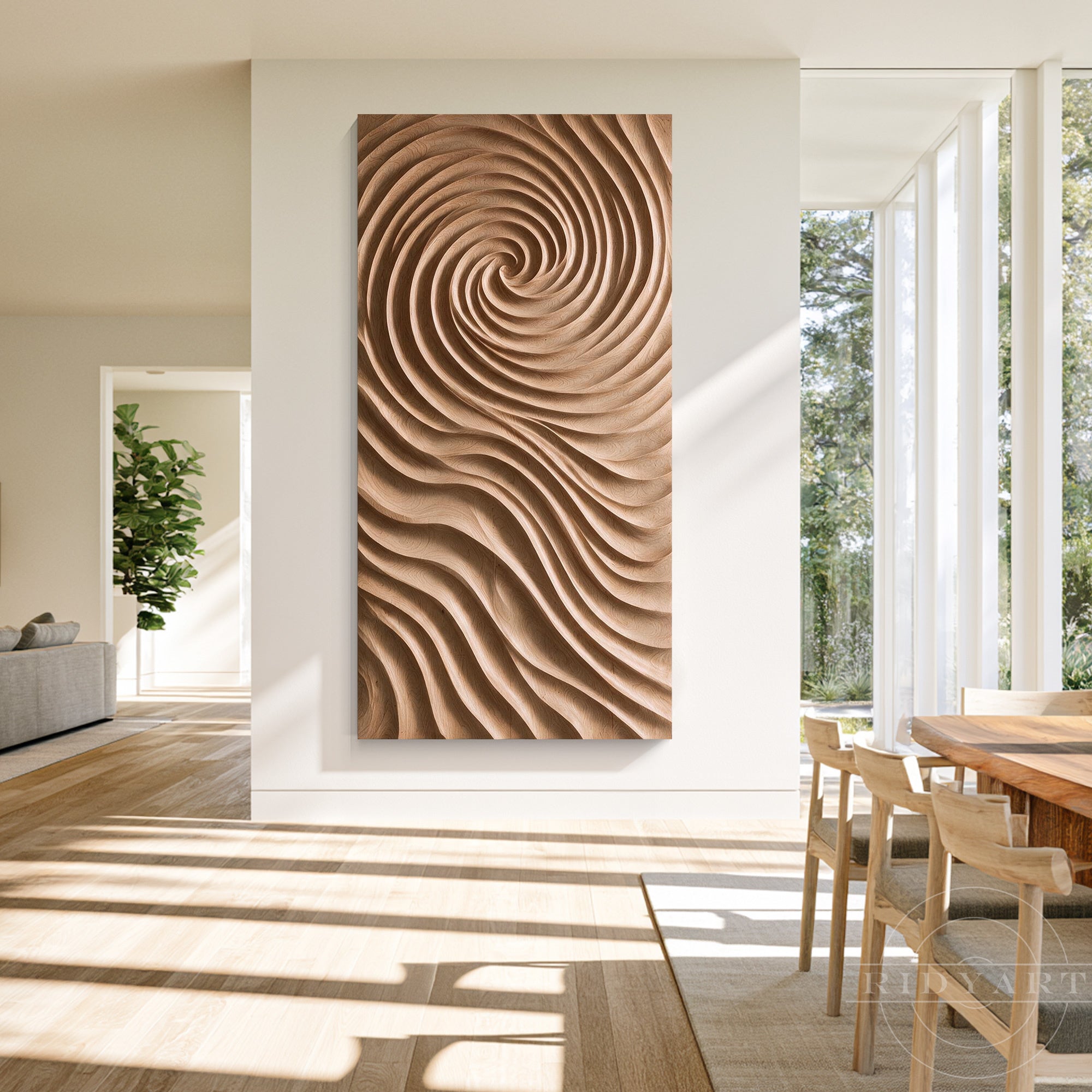 Sunlit modern hallway featuring a large spiral wooden wall artwork next to a wooden dining area