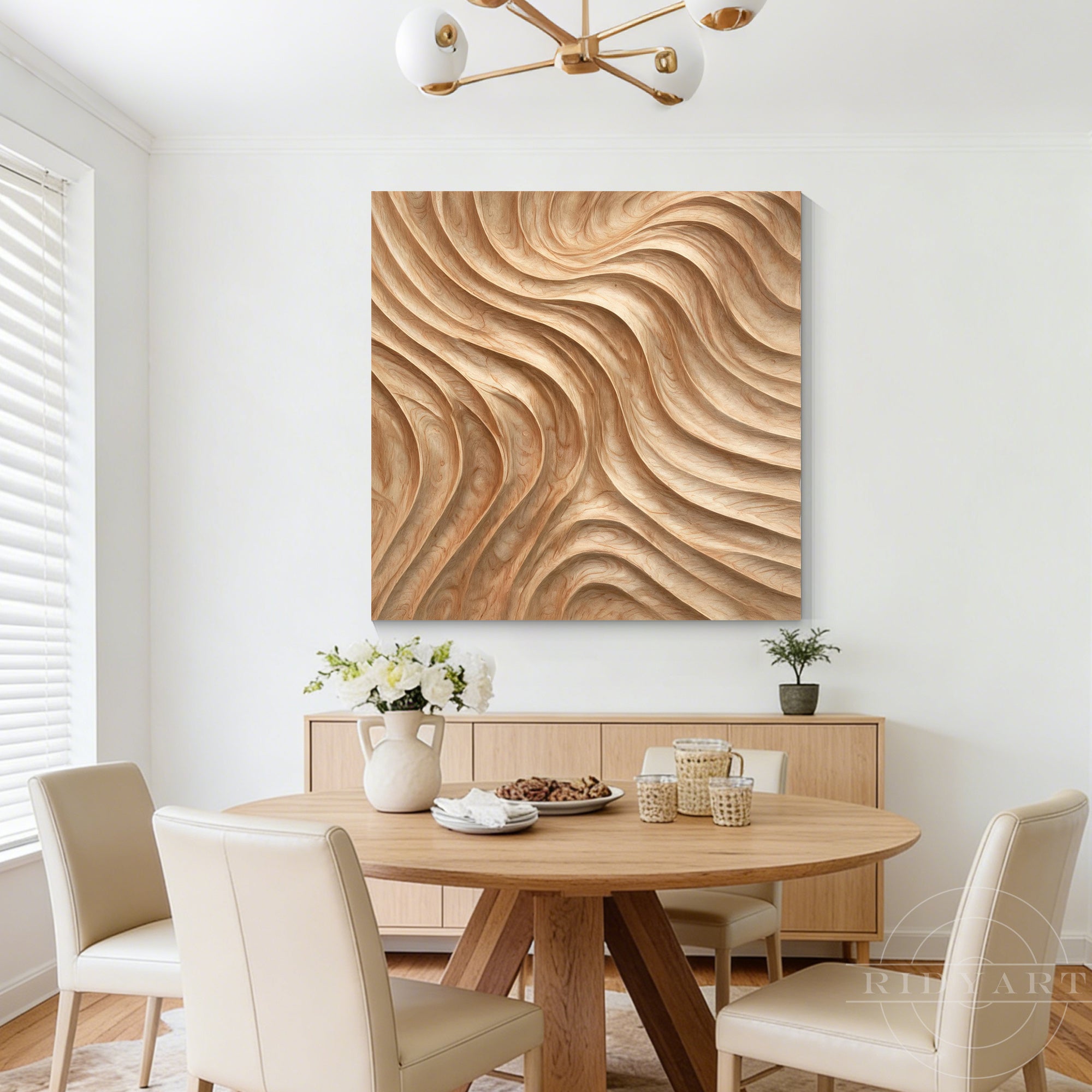 Modern Japandi dining area featuring a square carved wood wall artwork above a wooden buffet cabinet