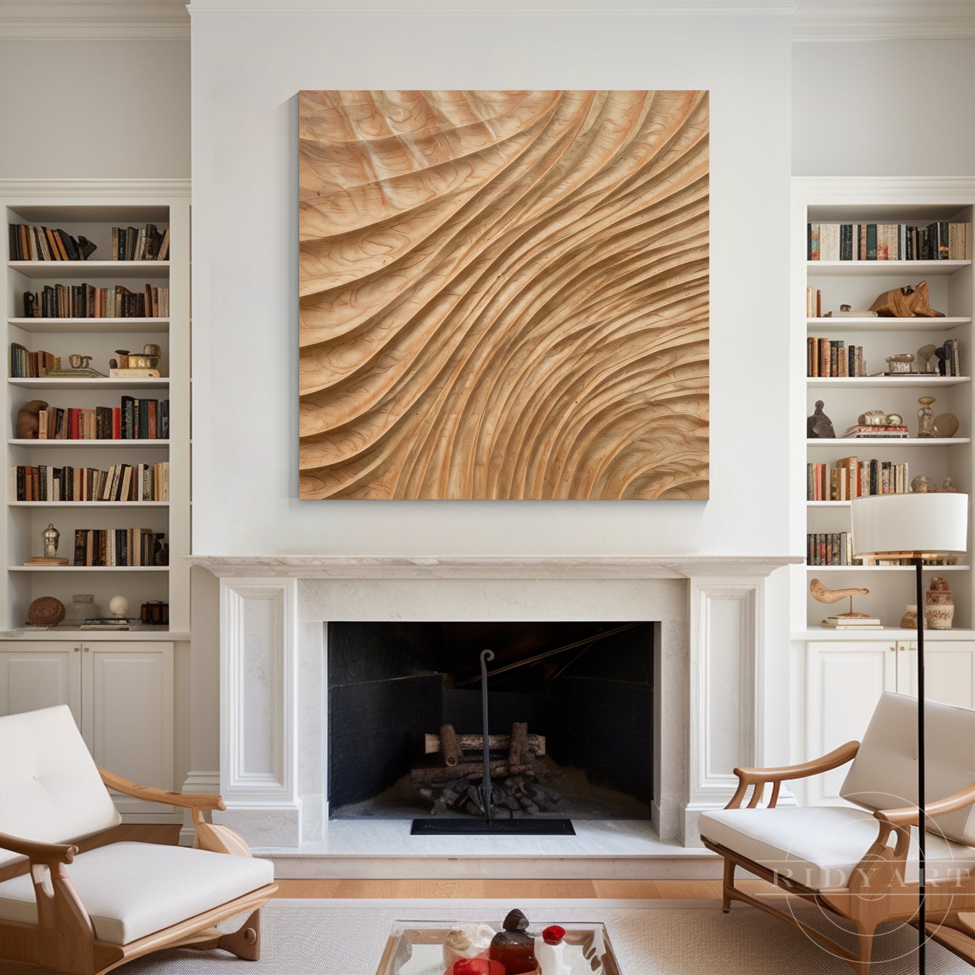 Square wood wall art displayed above a classic white fireplace mantle flanked by built-in bookshelves