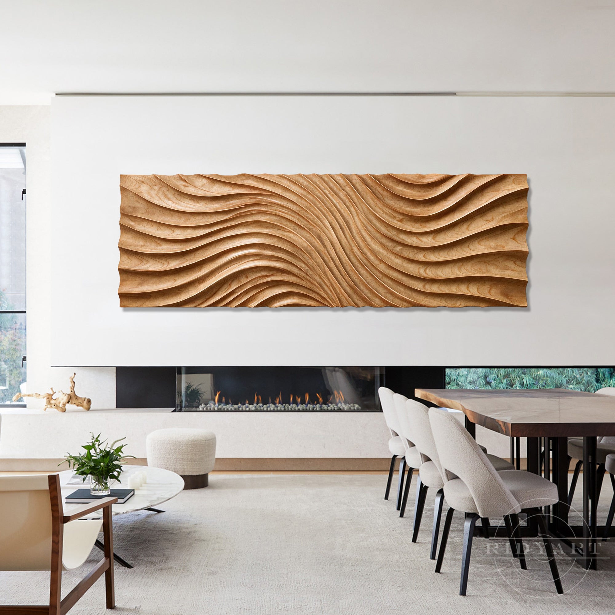 Wave wood wall sculpture art installed above a contemporary fireplace in a spacious luxury open-plan living and dining area.