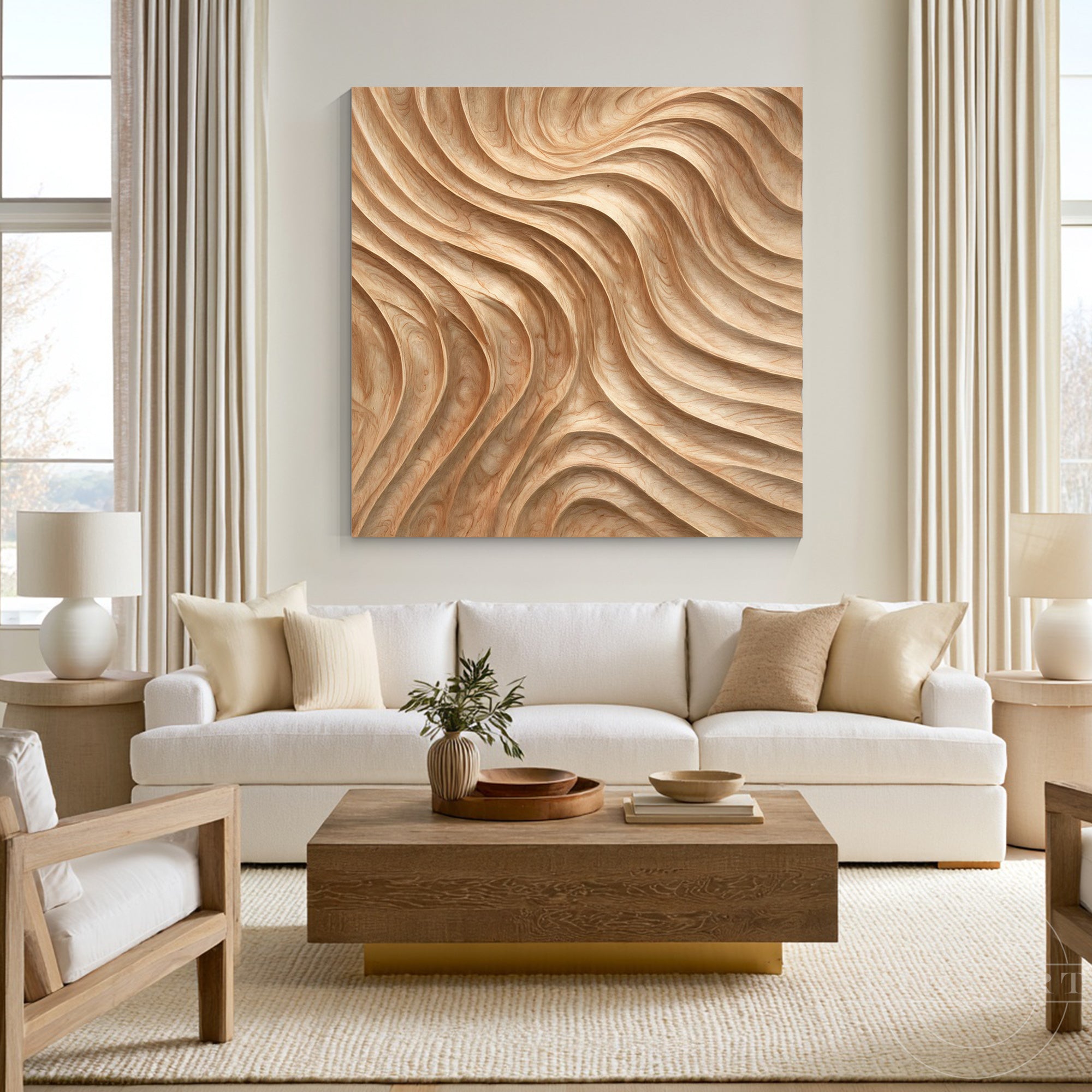 Large square wave wood wall art centered above a white sofa in a neutral modern living space