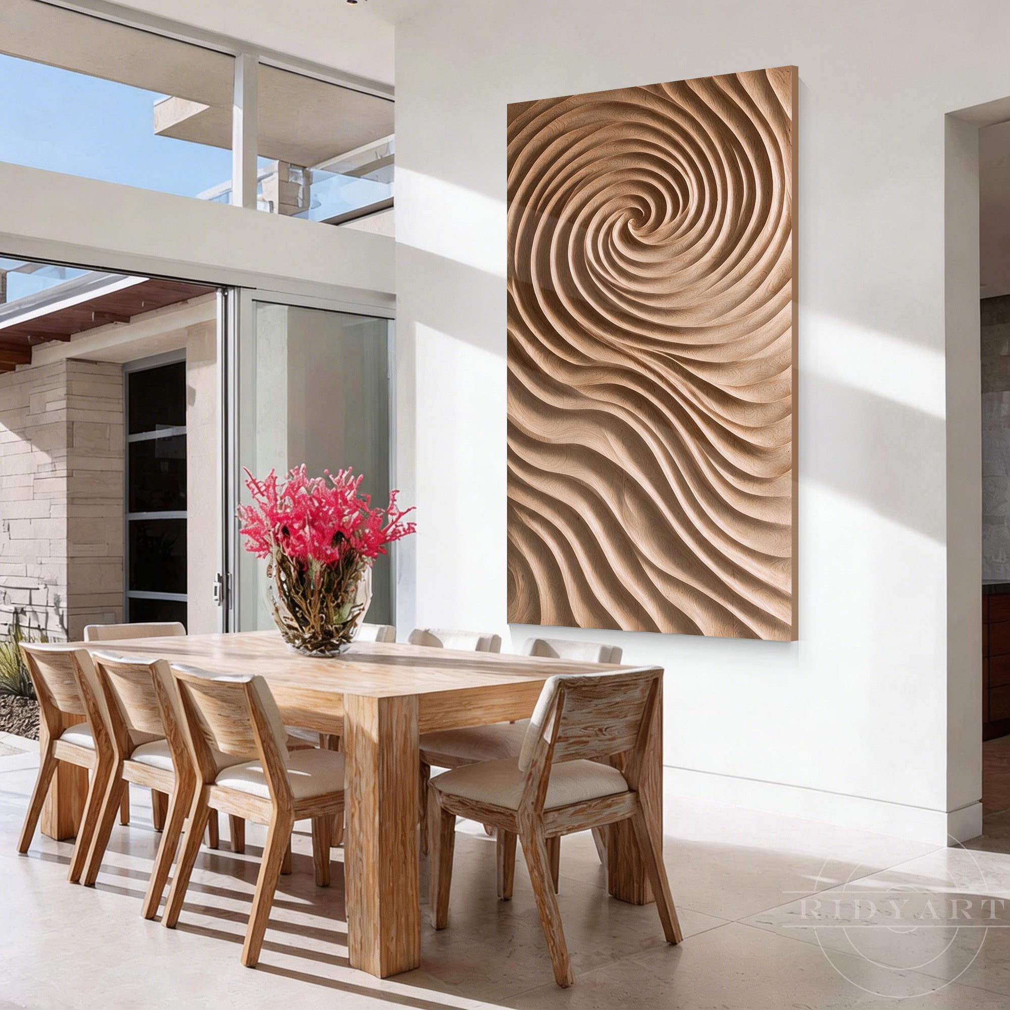 Oversized abstract wave and spiral wood wall art mounted in a contemporary open-concept dining room