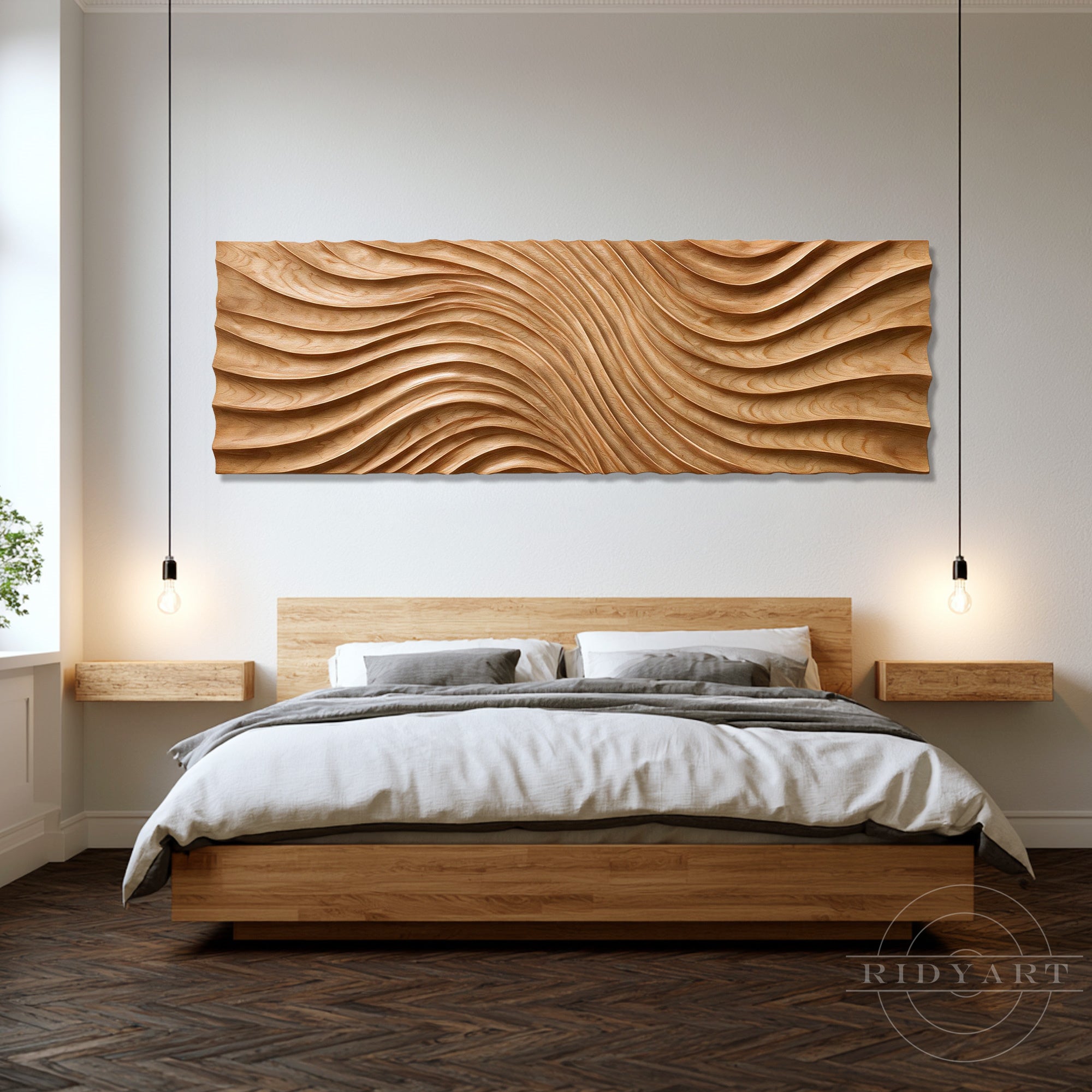 Minimalist master bedroom with a large wood wall art displayed as a headboard wall feature above a wooden bed.