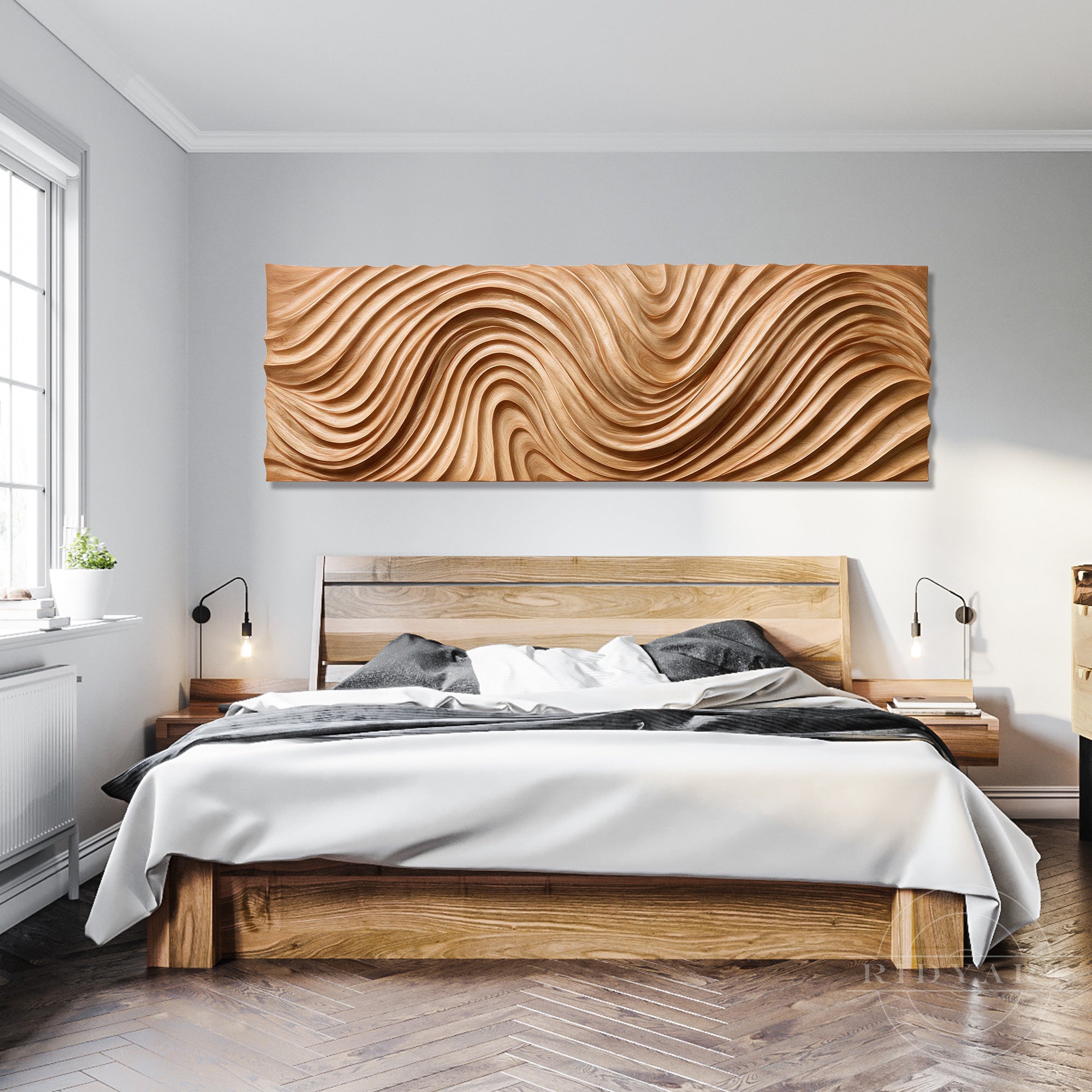 Cozy modern bedroom with a large abstract topography wood wall art used as an aesthetic feature above a wooden bed frame and floating nightstands.