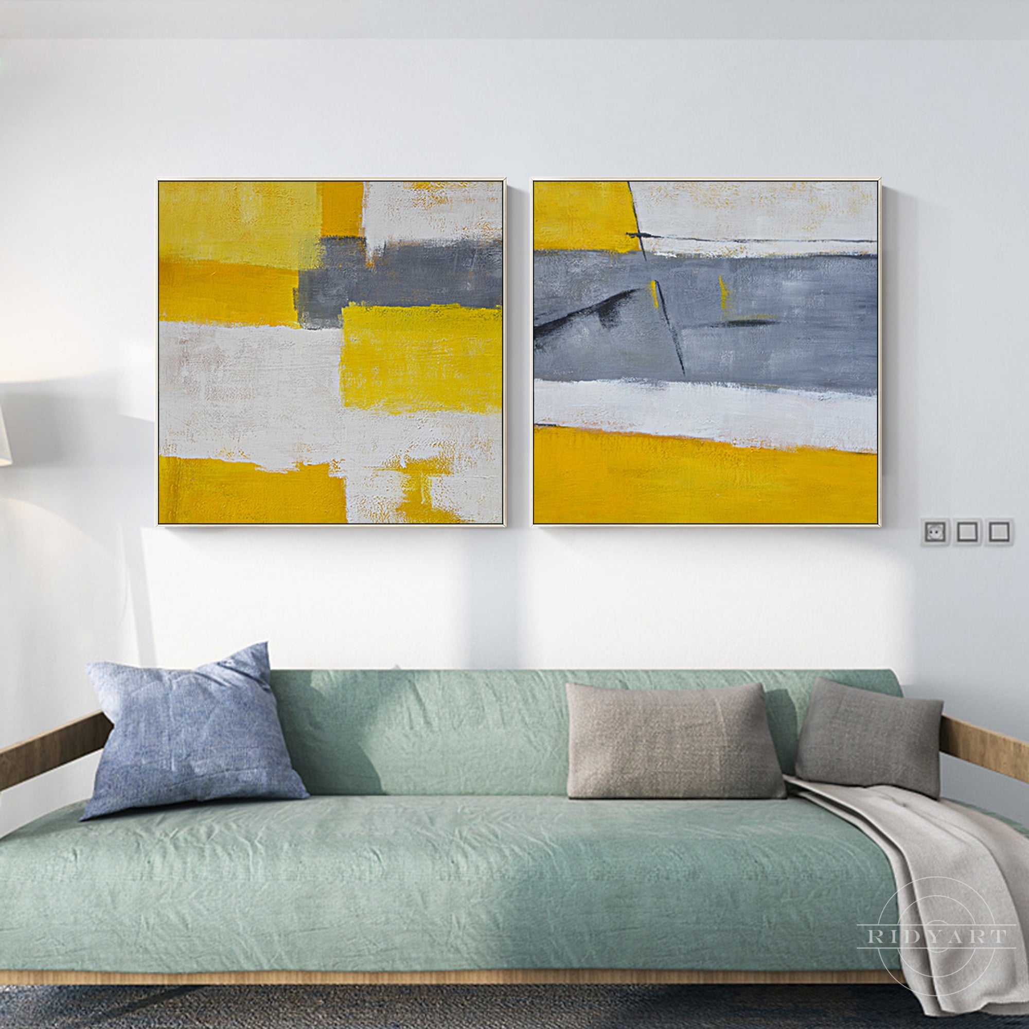 Framed canvas art set with mustard yellow accents