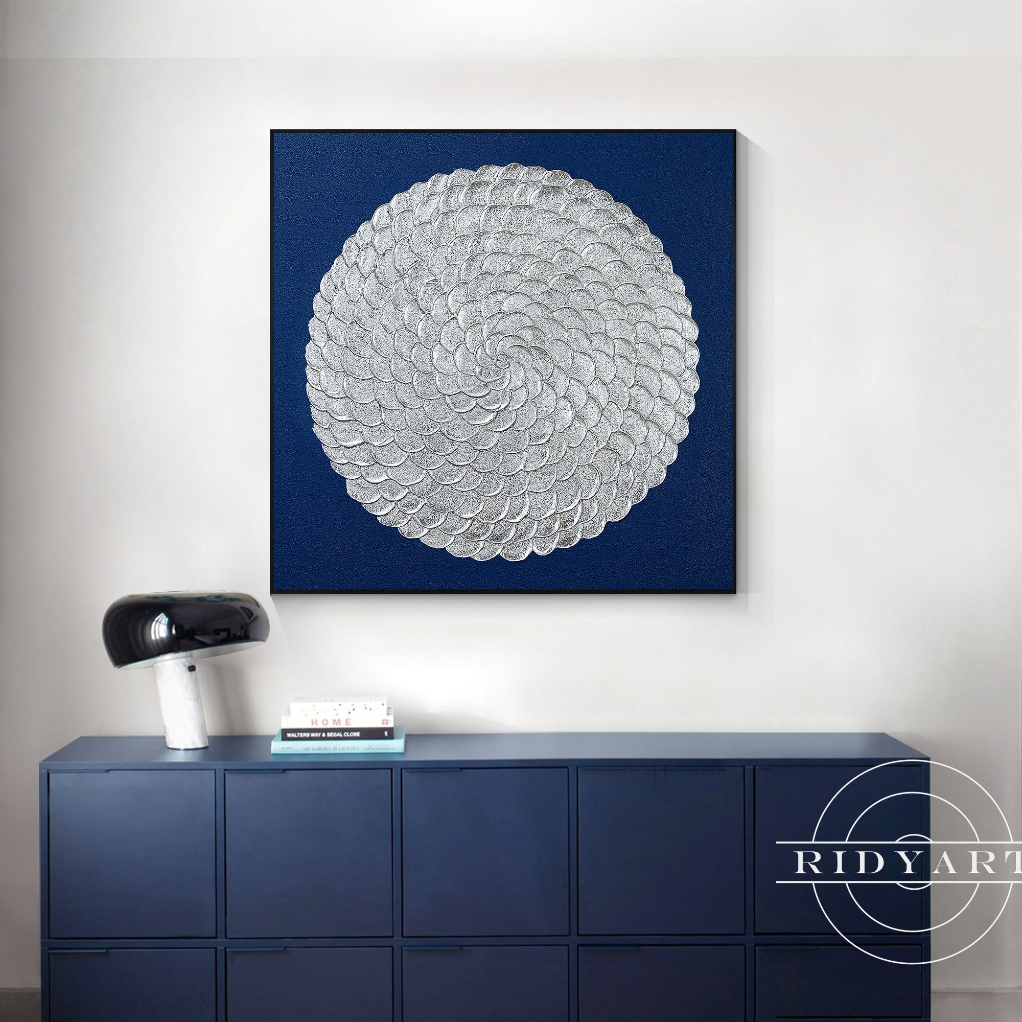 Modern flower enso painting with deep blue and silver elements