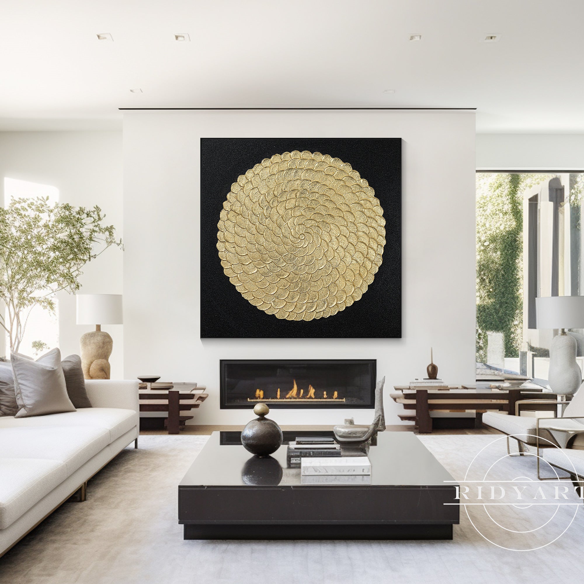 Luxury black and gold textured abstract square painting