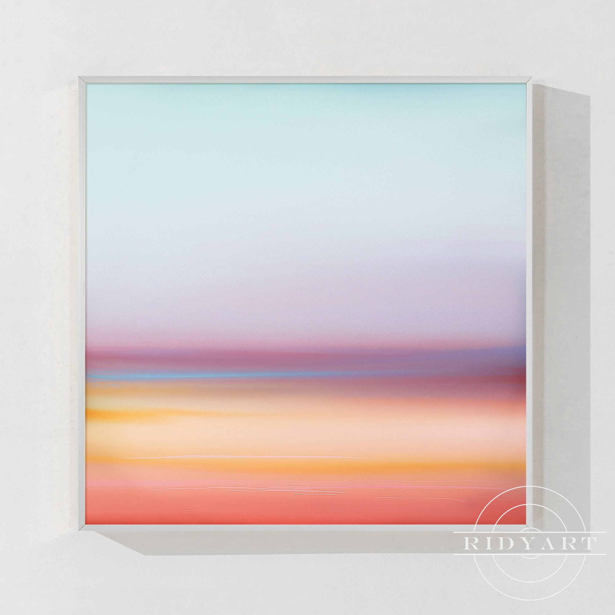 Hand-painted pastel sunset horizon abstract oil painting in natural oak frame