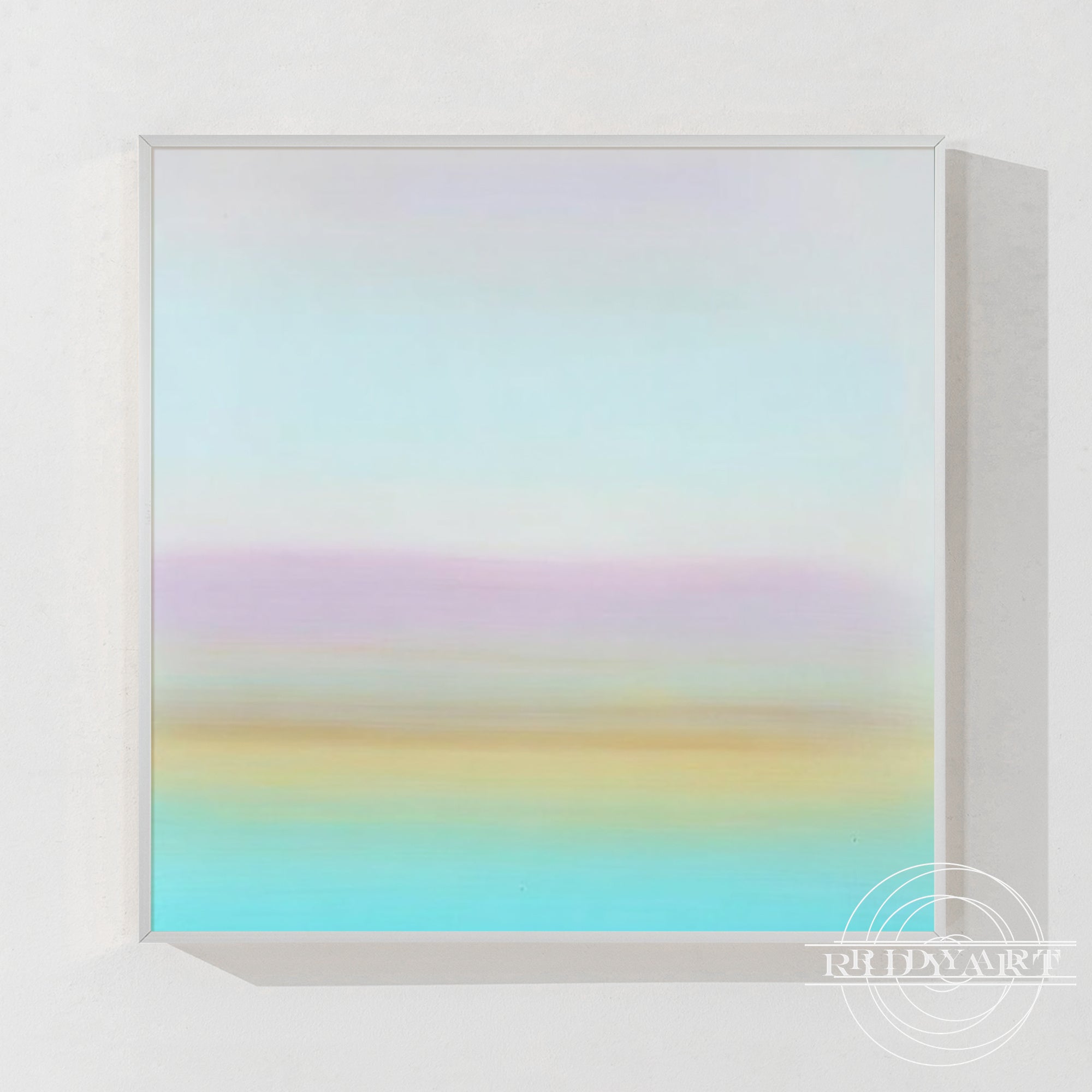 Pastel gradient sunset painting hanging on a modern gallery wall