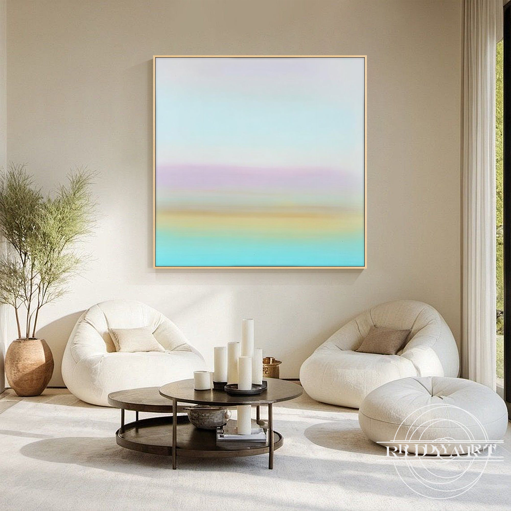 Minimalist horizon canvas art in lavender, gold, and turquoise tones