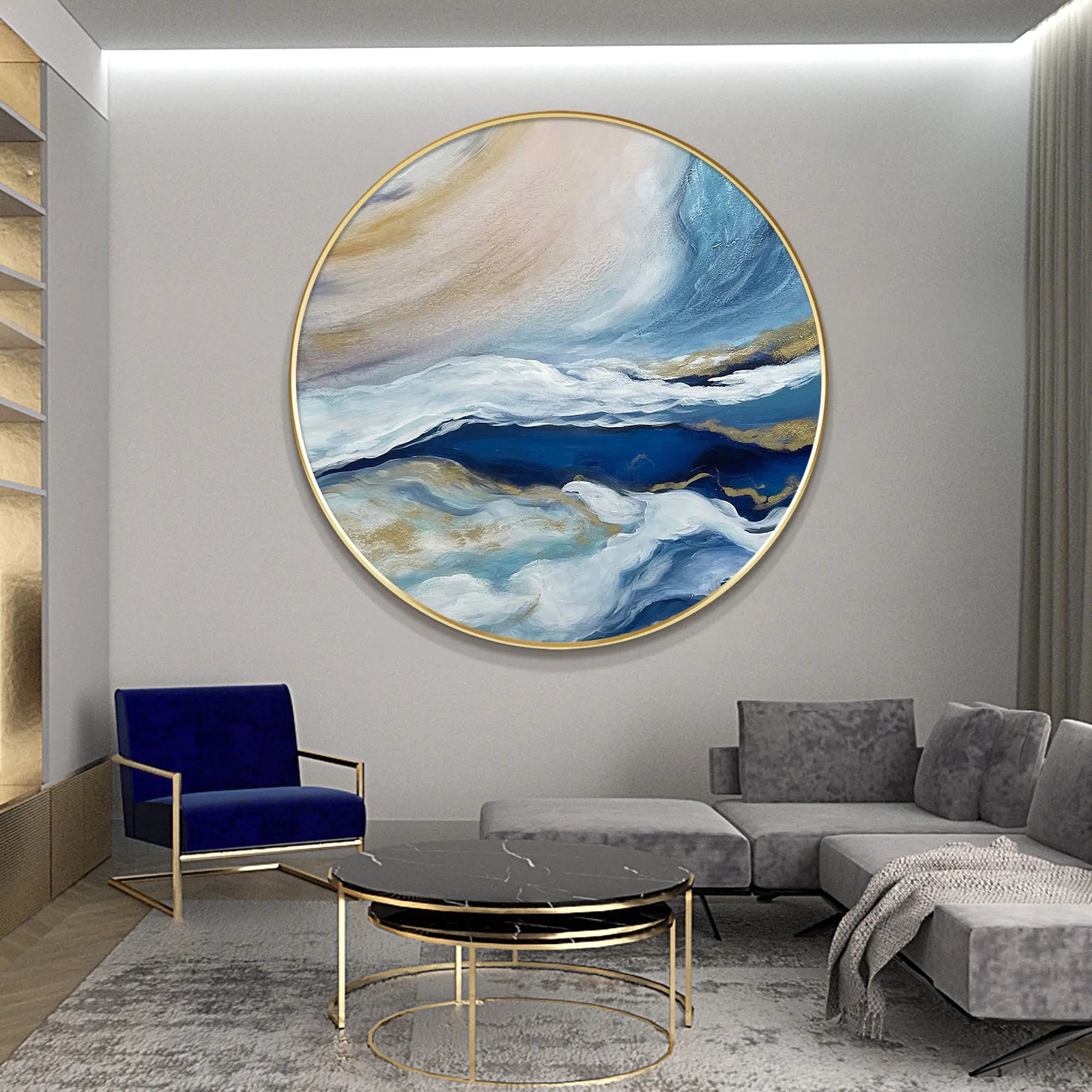 Round Abstract Blue Sea Painting RIDYART