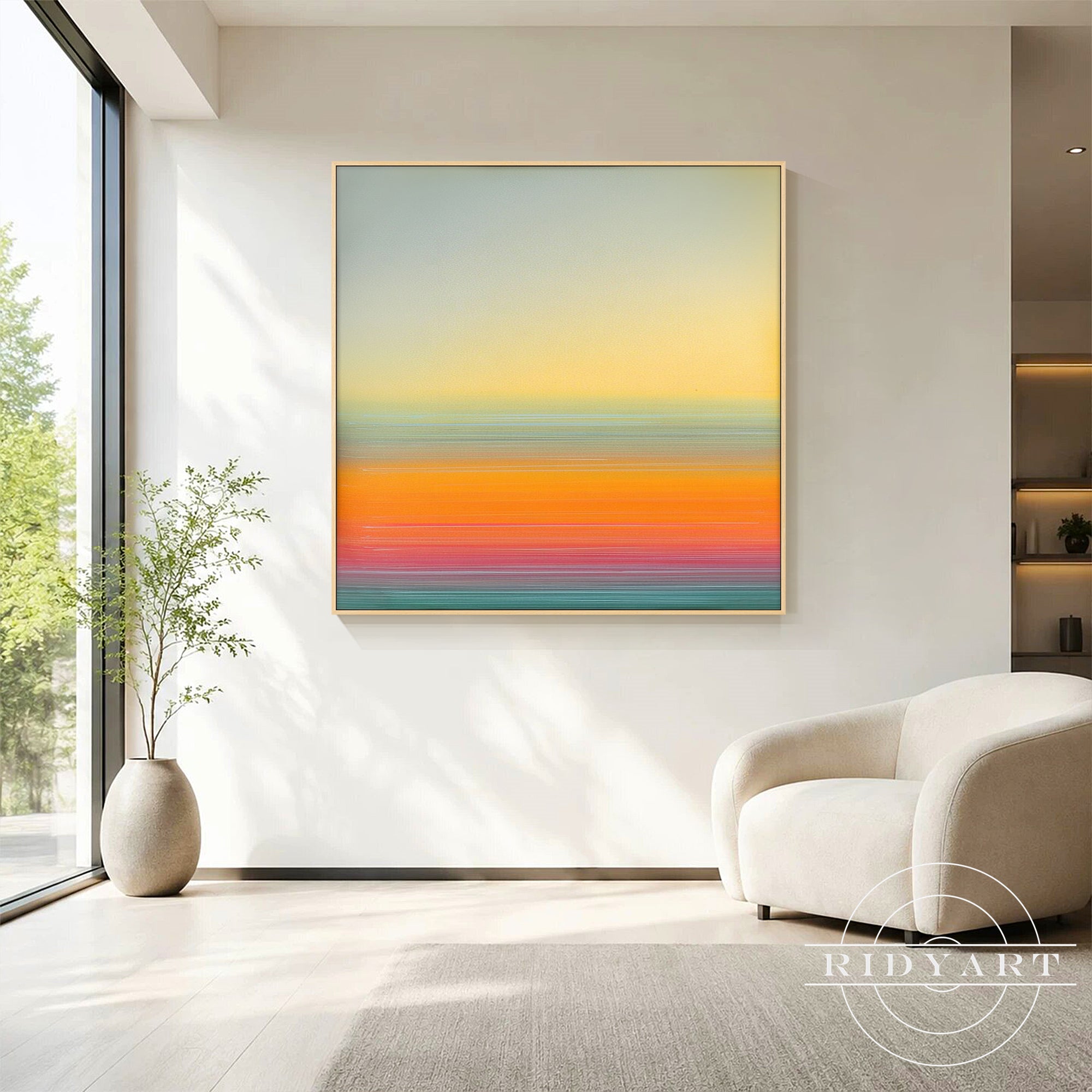 Detail of textured brushstrokes on hand-painted abstract ocean horizon canvas art