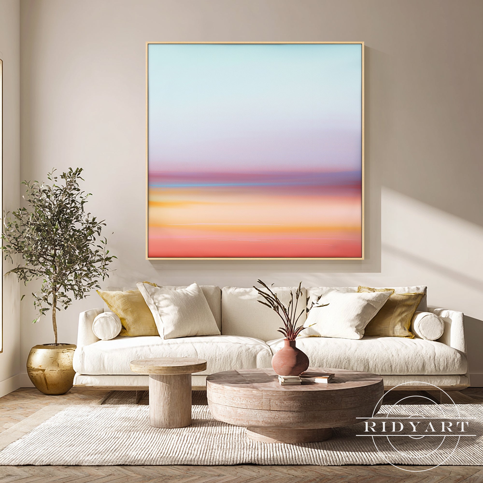 Natural wood floating frame detail on hand-painted sunset abstract artwork